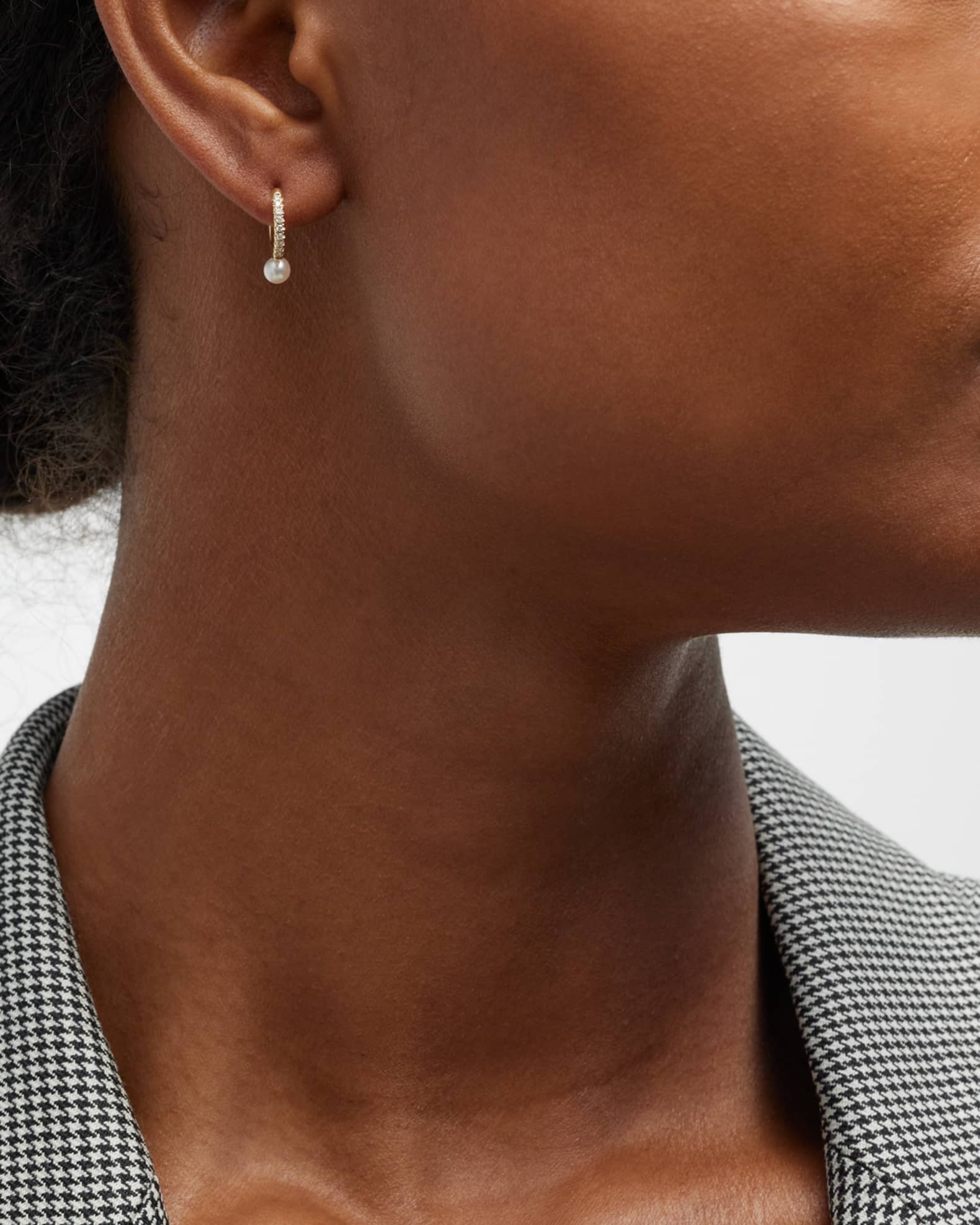 14k Gold and Diamond Small Hoop Earrings with Pearls 1