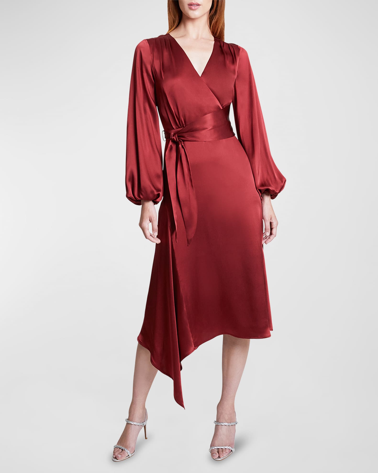 Santorelli Vanna Faux Wrap Blouson-Sleeve Midi Dress | Neiman Marcus