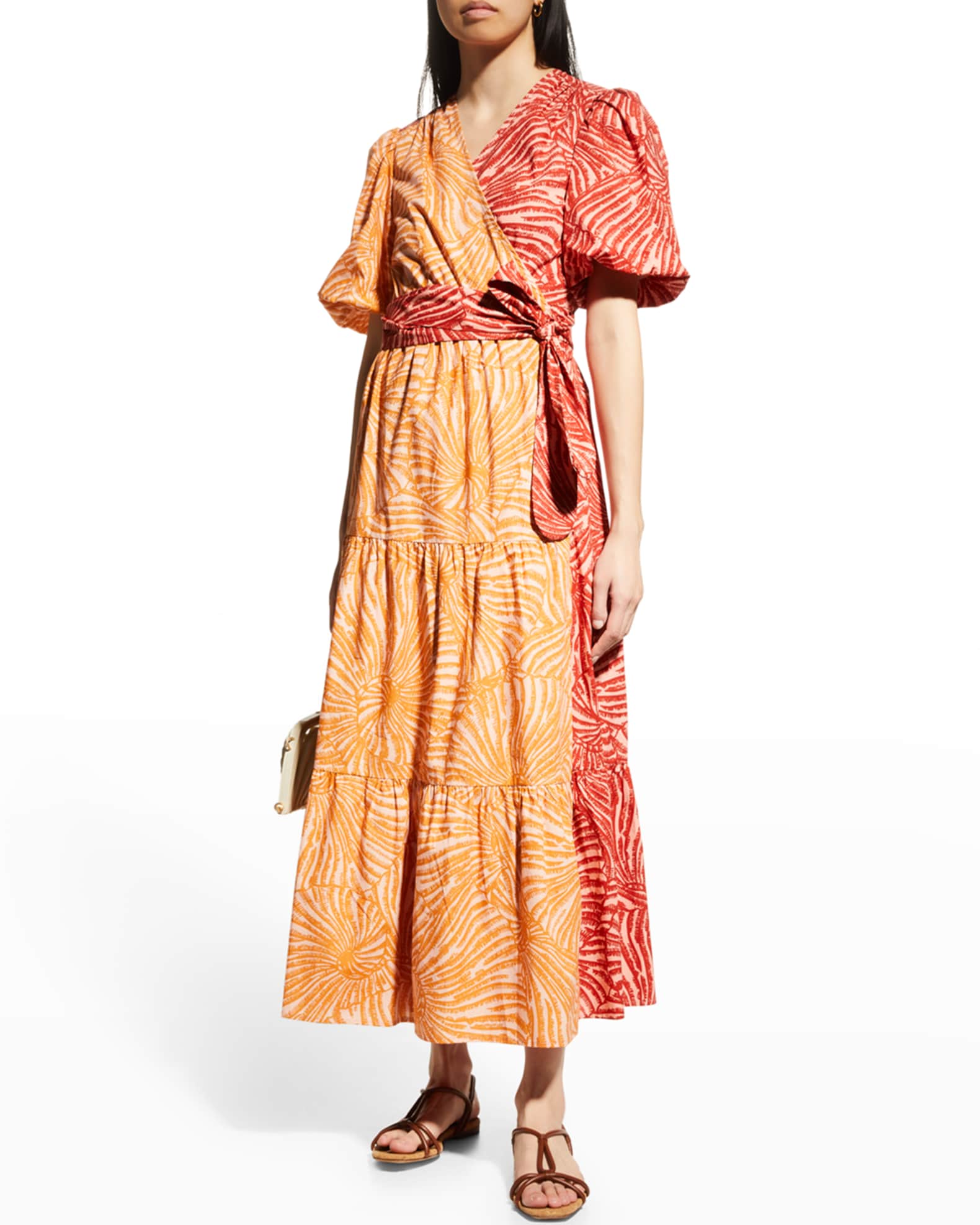 Marie Oliver Rena Tiered Puff-Sleeve Wrap Dress | Neiman Marcus