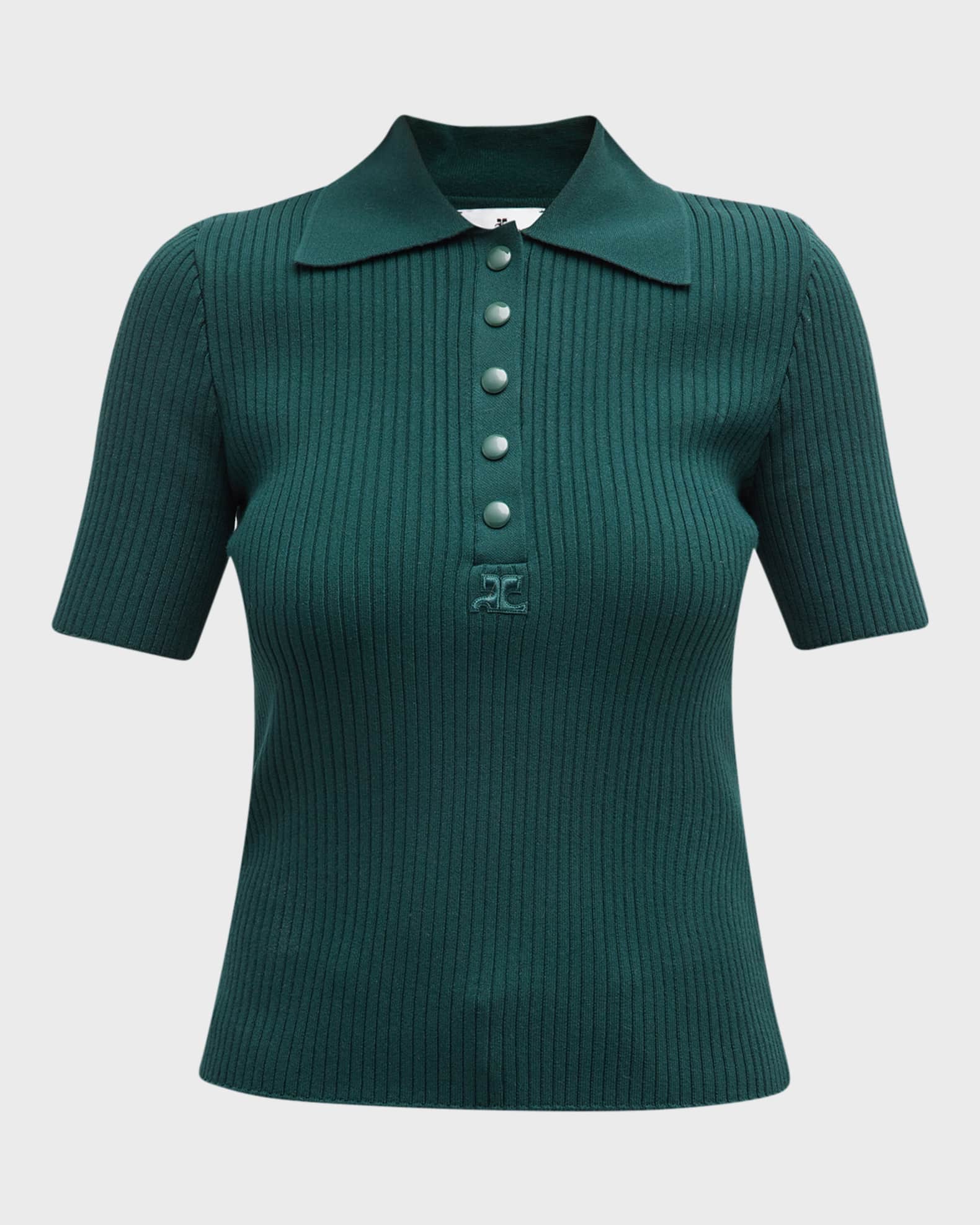 Courreges Rib Knit Short-Sleeve Polo Shirt | Neiman Marcus