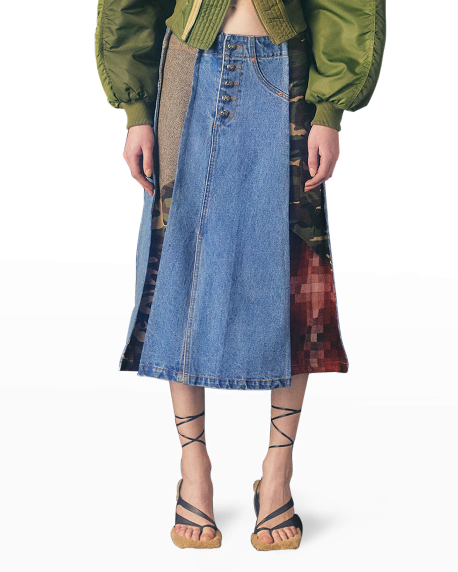 Andersson Bell Denim and Camoflage Combo Midi Skirt | Neiman Marcus