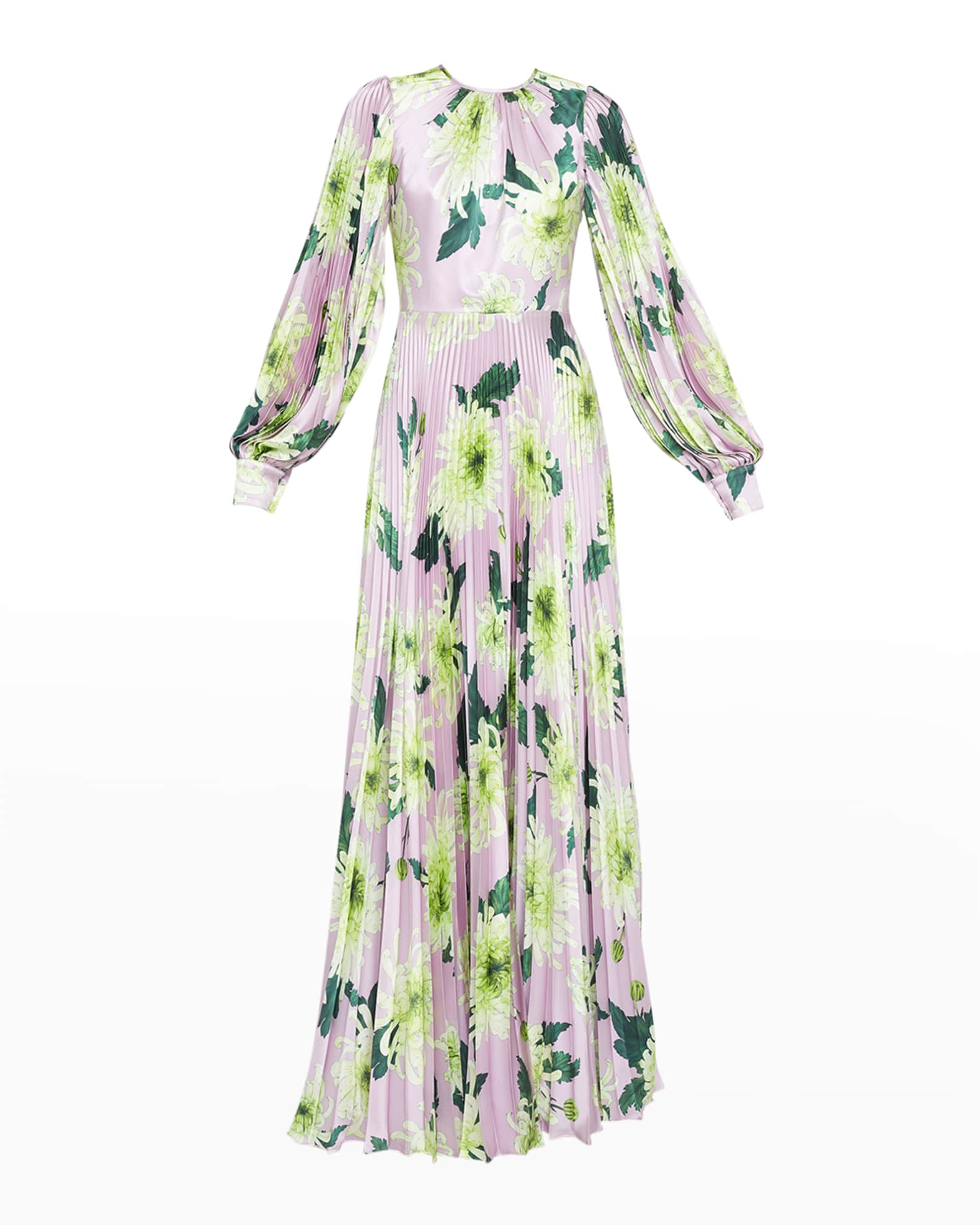 Andrew Gn Floral-Print Pleated Silk Gown w/ Belt | Neiman Marcus