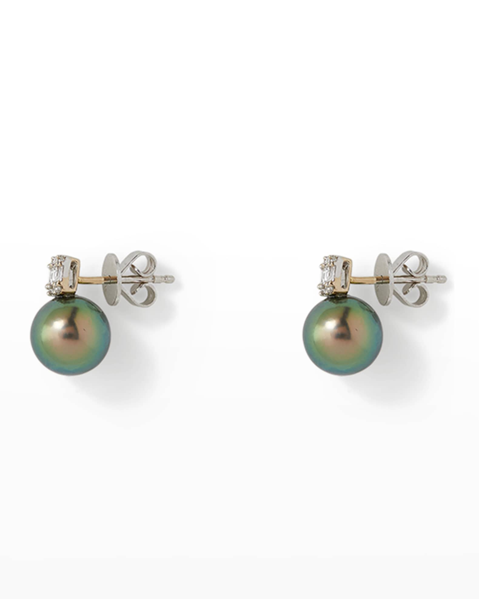 18K White Gold 8mm Black Tahitian Pearl with Baguette Diamond Stud Earrings 1