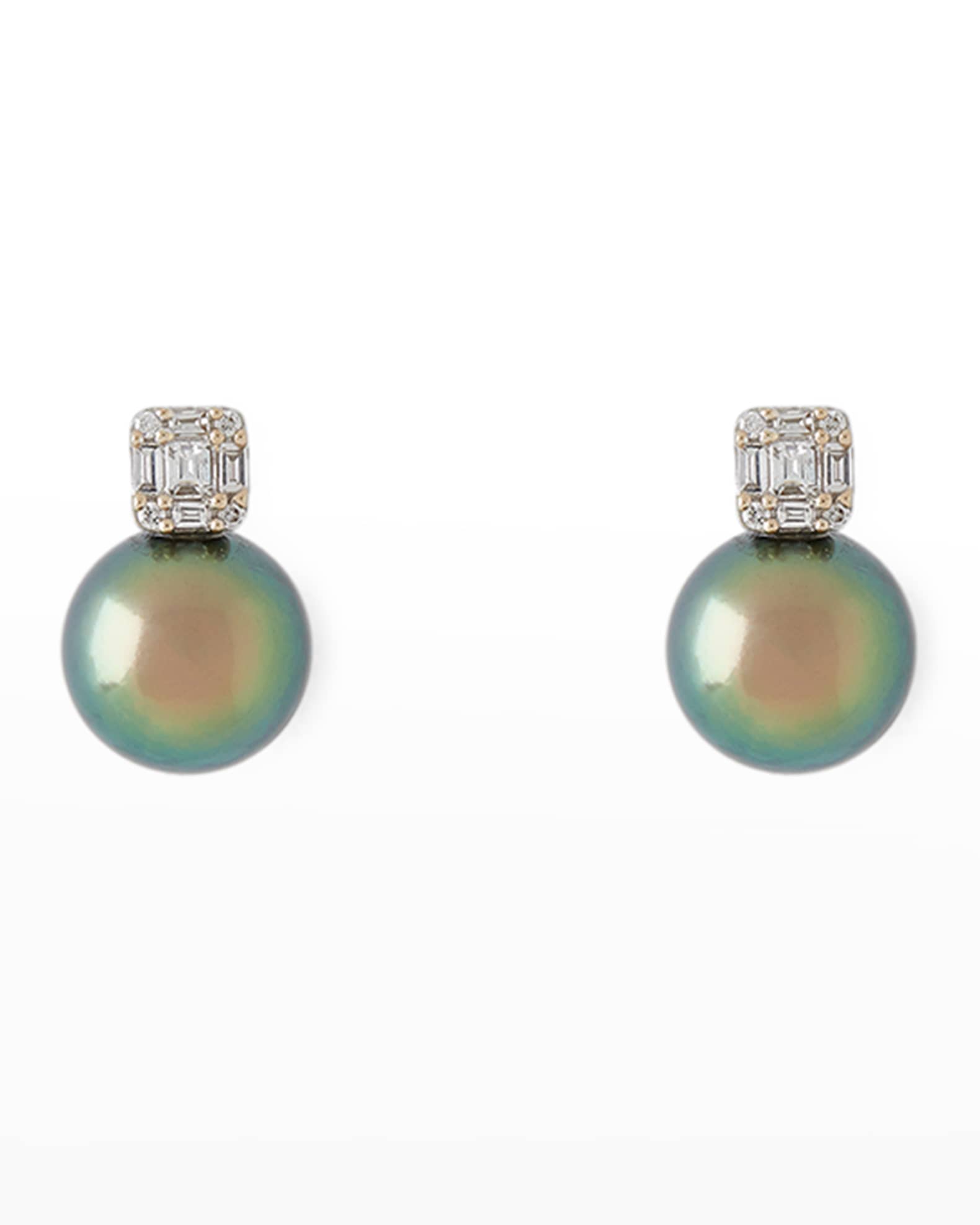 18K White Gold 8mm Black Tahitian Pearl with Baguette Diamond Stud Earrings 0