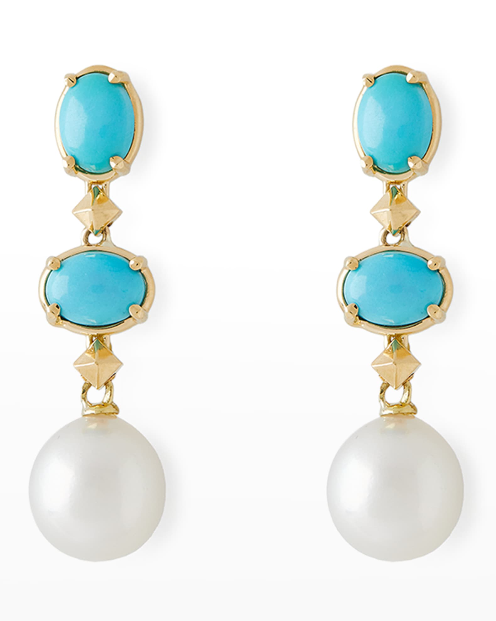 Pearls By Shari 18K Yellow Gold Oval Turquoise 11mm South Sea Pearl and Small Cube Drop Earrings Neiman Marcus