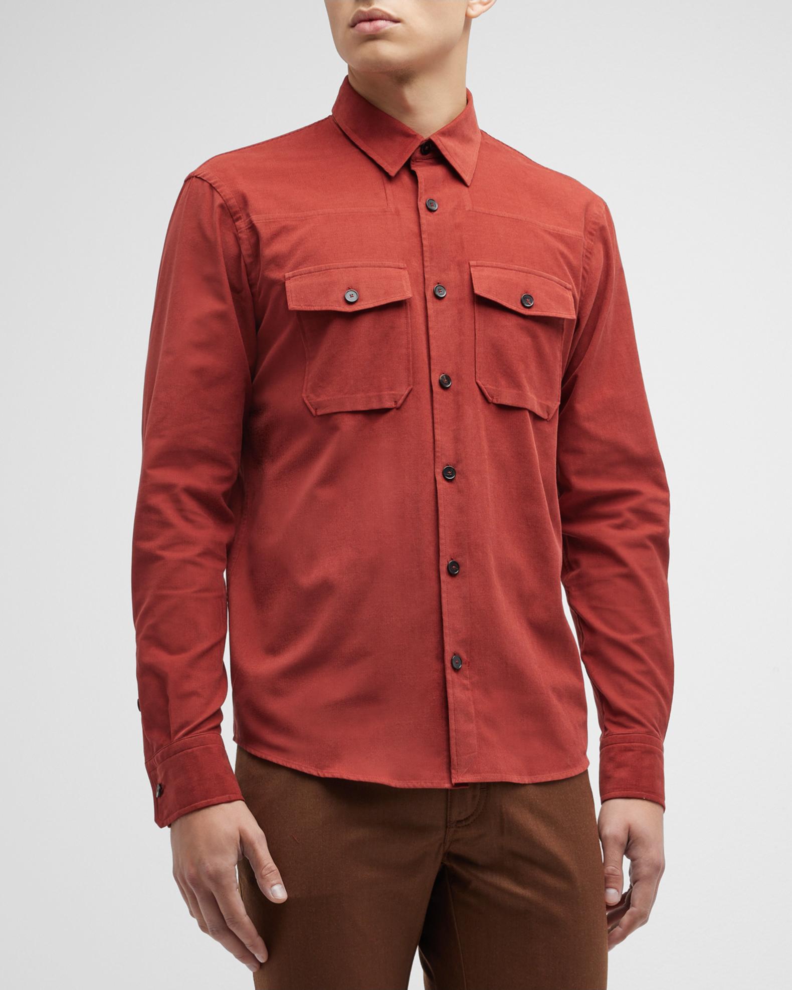 Zegna Men's Cotton-Cashmere Corduroy Sport Shirt, Br Redstrp, Men's, 3X-L, Shirts Tops Casual Button Down Sport Shirts