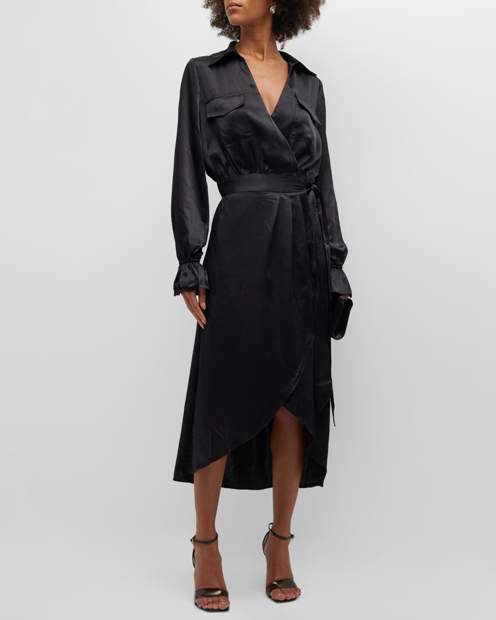 Ramy Brook Laney Satin Wrap Midi Dress | Neiman Marcus