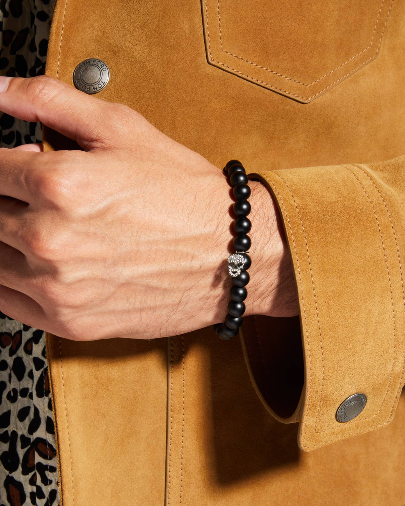 Men's Diamond Skull Charm Onyx Beaded Bracelet 1