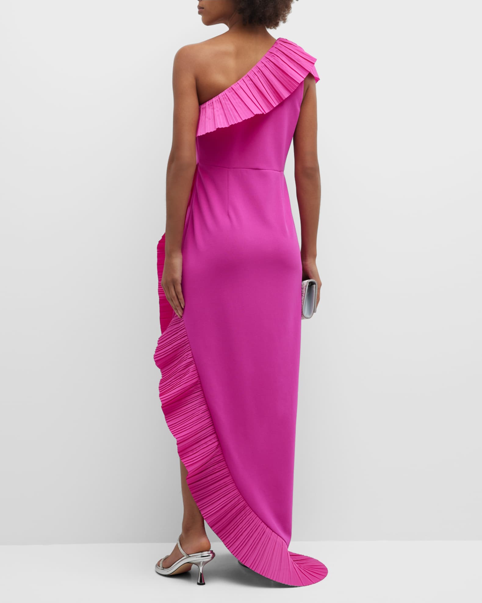one33 social pleated ruffle asymmetrical crepe gown