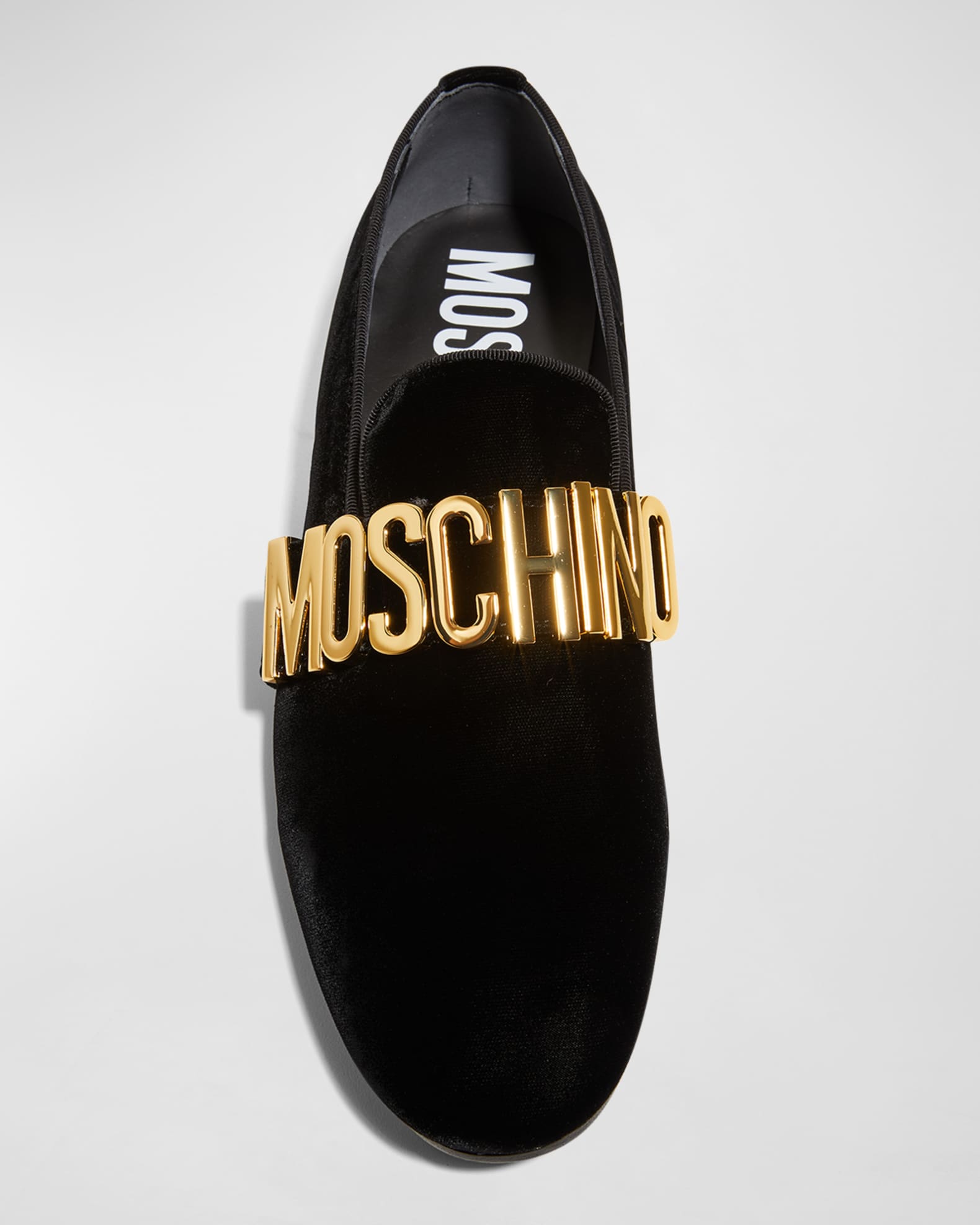 Moschino Men's Velvet Metal Logo Loafers | Neiman Marcus