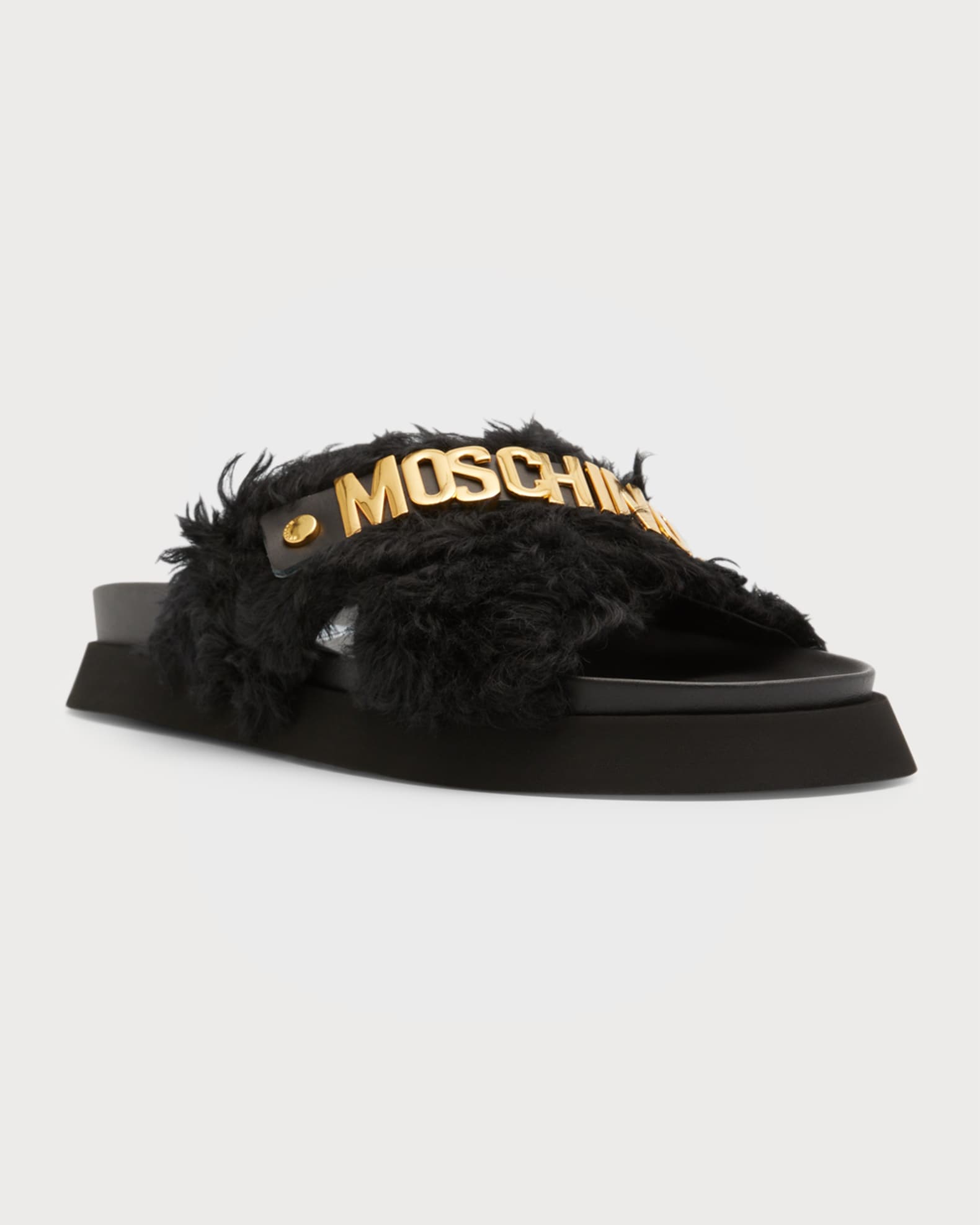 Moschino Men s Faux Fur Logo Leather Slides Neiman Marcus