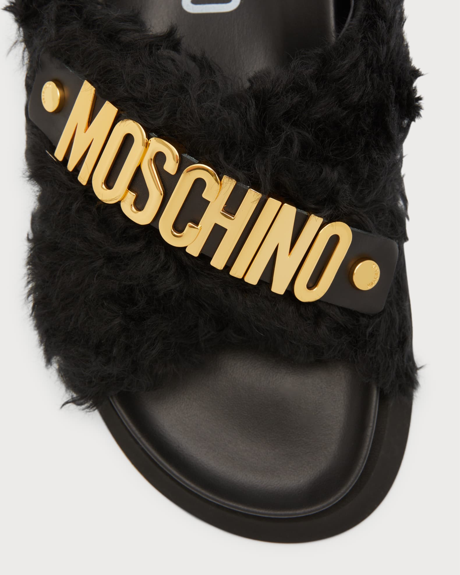 Moschino Men s Faux Fur Logo Leather Slides Neiman Marcus