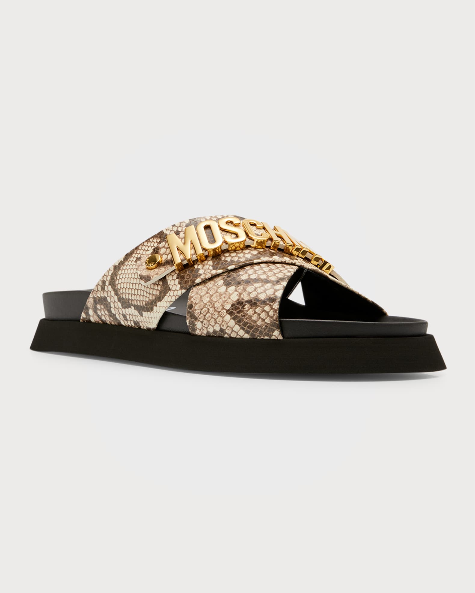 Men s Crisscross Snake Print Leather Slides