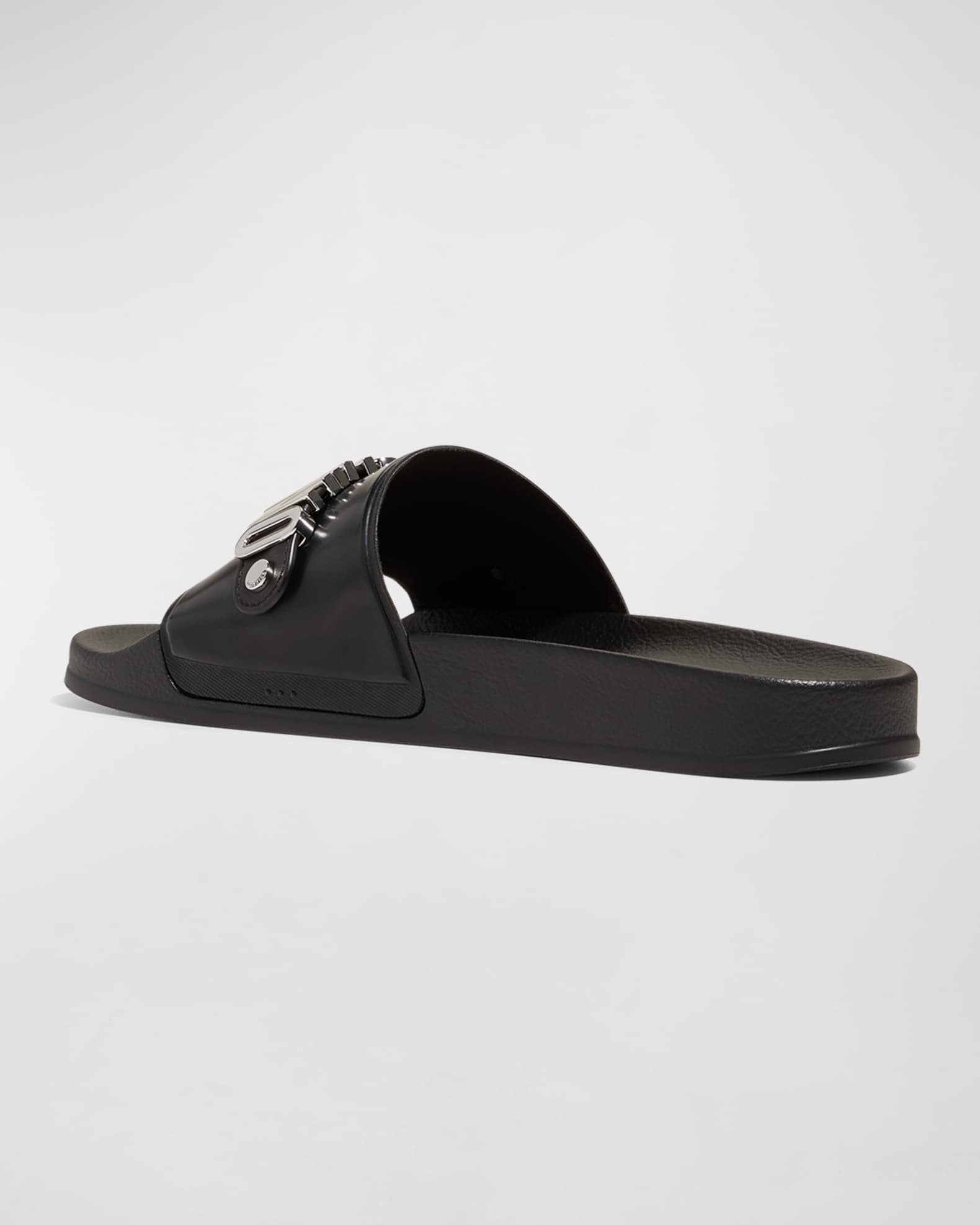 Moschino Men's Rubber Pool Slide Sandals w/ Metal Logo | Neiman Marcus