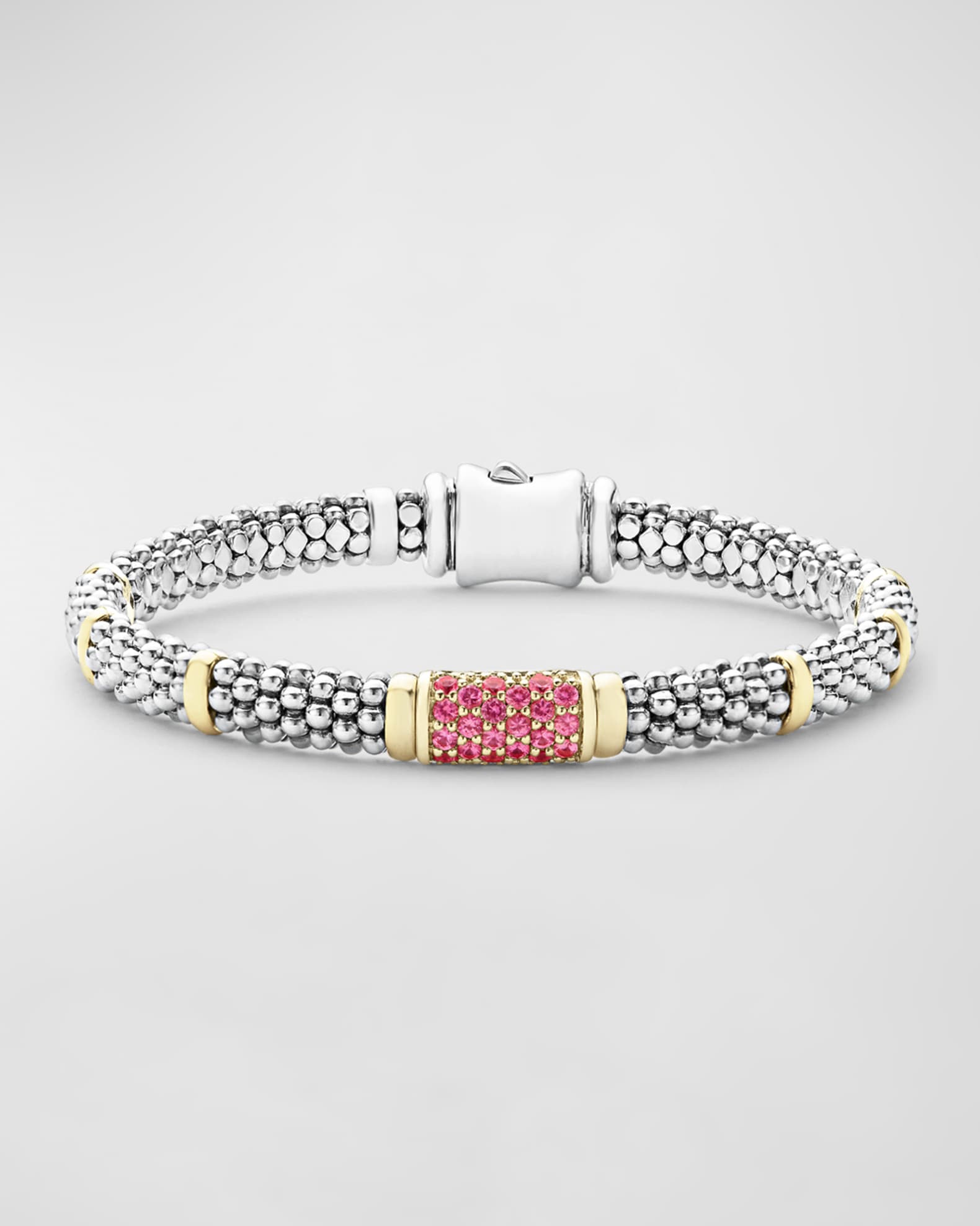 LAGOS 18K Gold Stations on Sterling Silver Caviar Bead Bracelet with Pink Sapphires. 6mm
