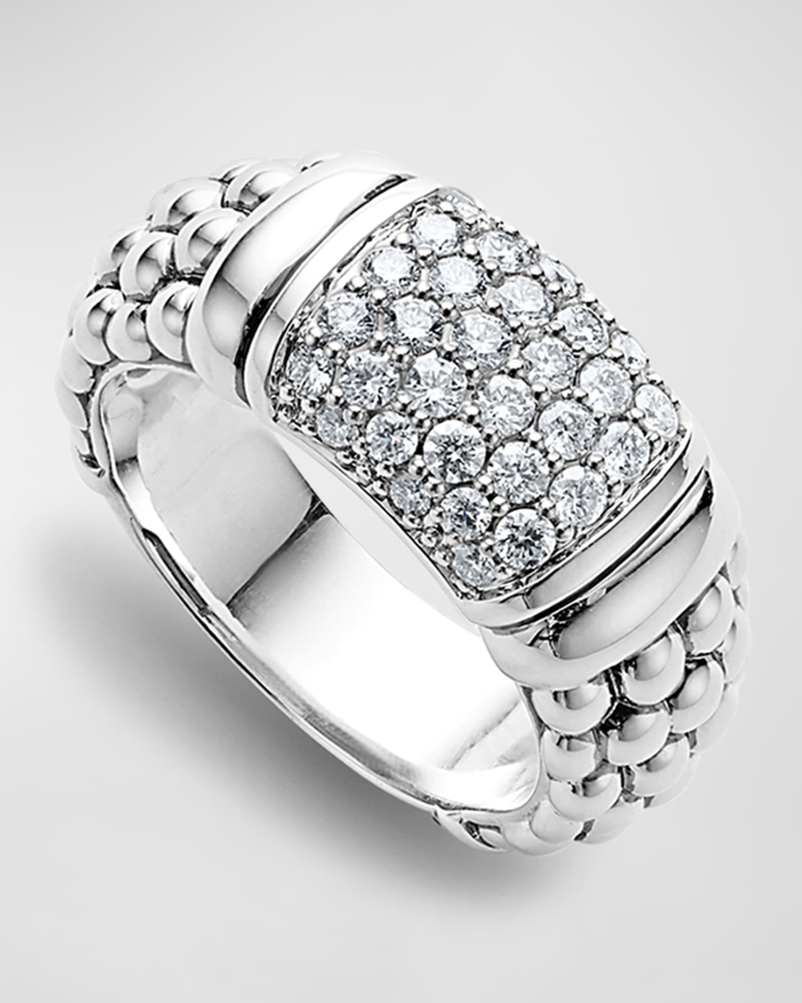 LAGOS Pavé Diamond and Sterling Silver Caviar Bead 9mm Band Ring