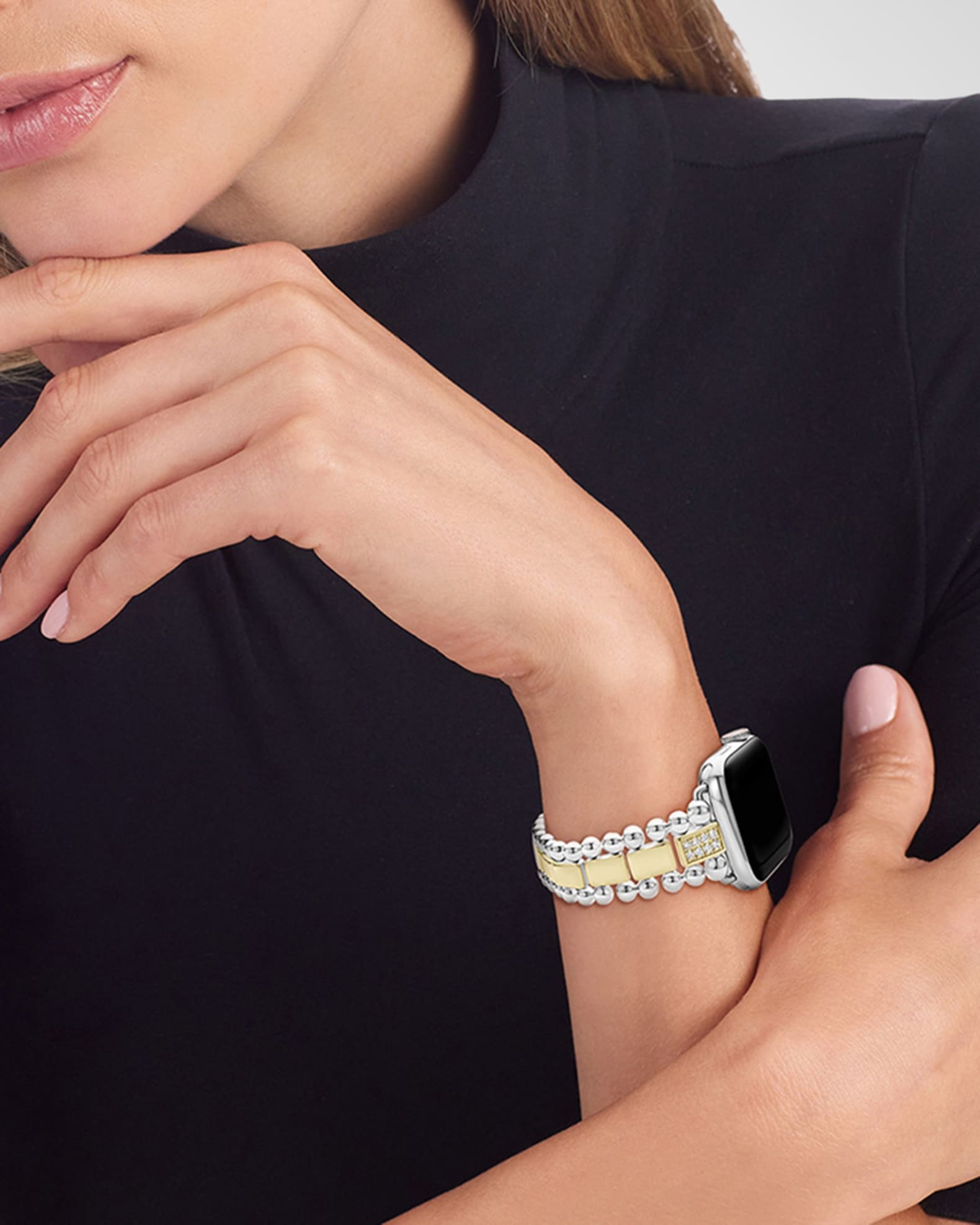 LAGOS Smart Caviar Two Tone Sterling Silver and 18k Yellow Gold Diamond 2 Link Apple Watch Bracelet 38 45mm Neiman Marcus