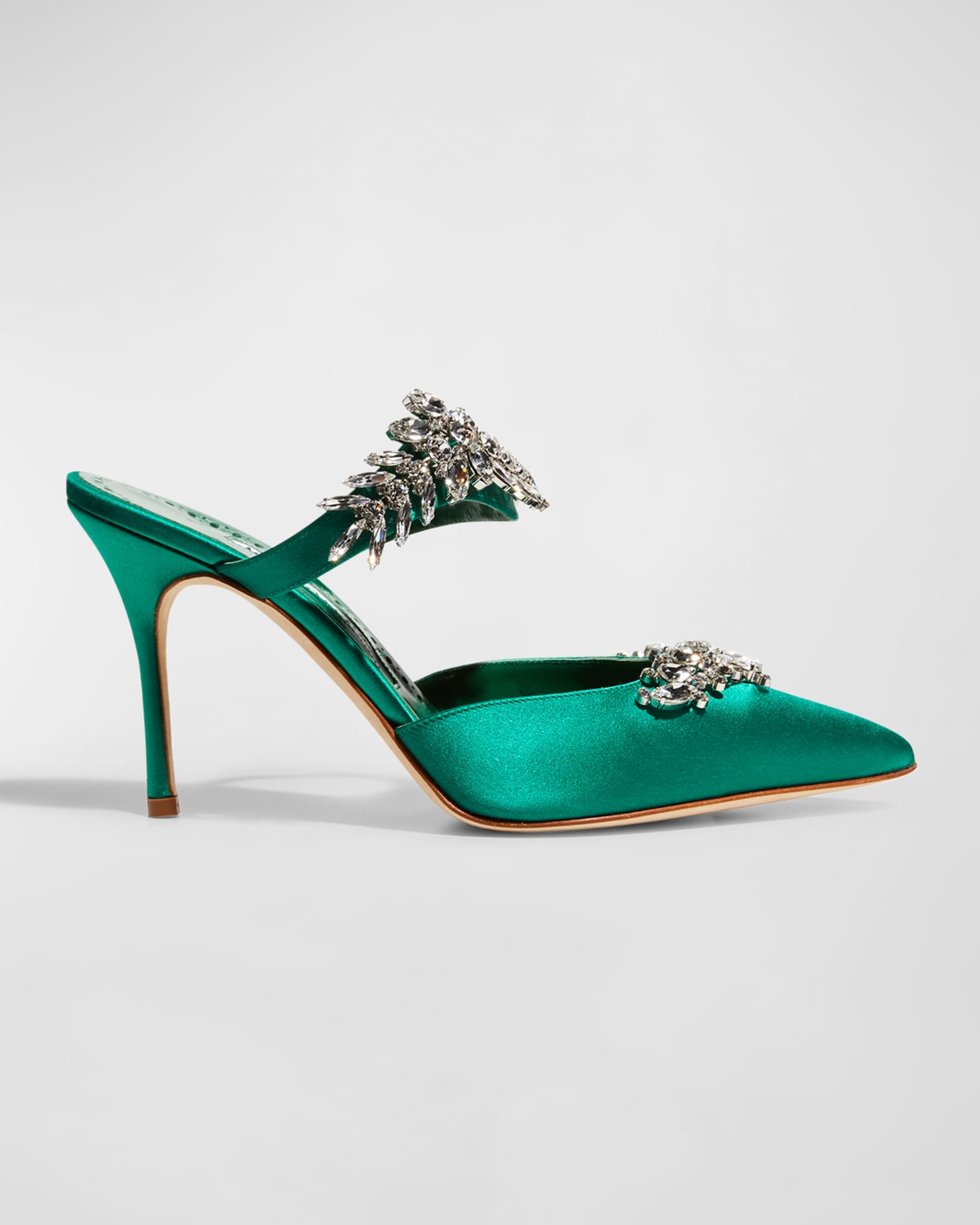 Emerald green muled sandals with crystals