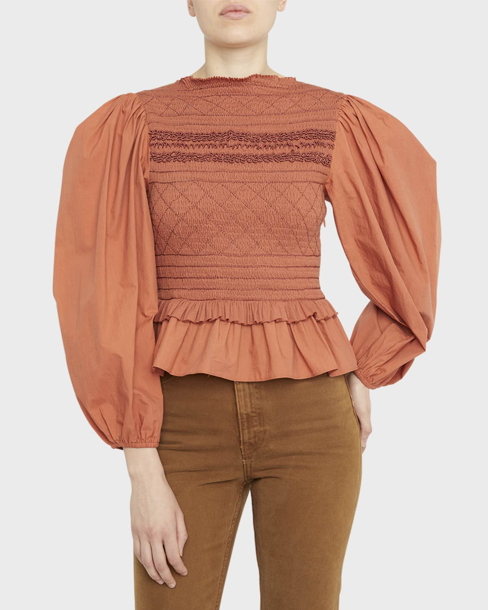 Ulla Johnson Amelia Stiched Puff-Sleeve Peplum Blouse | Neiman Marcus