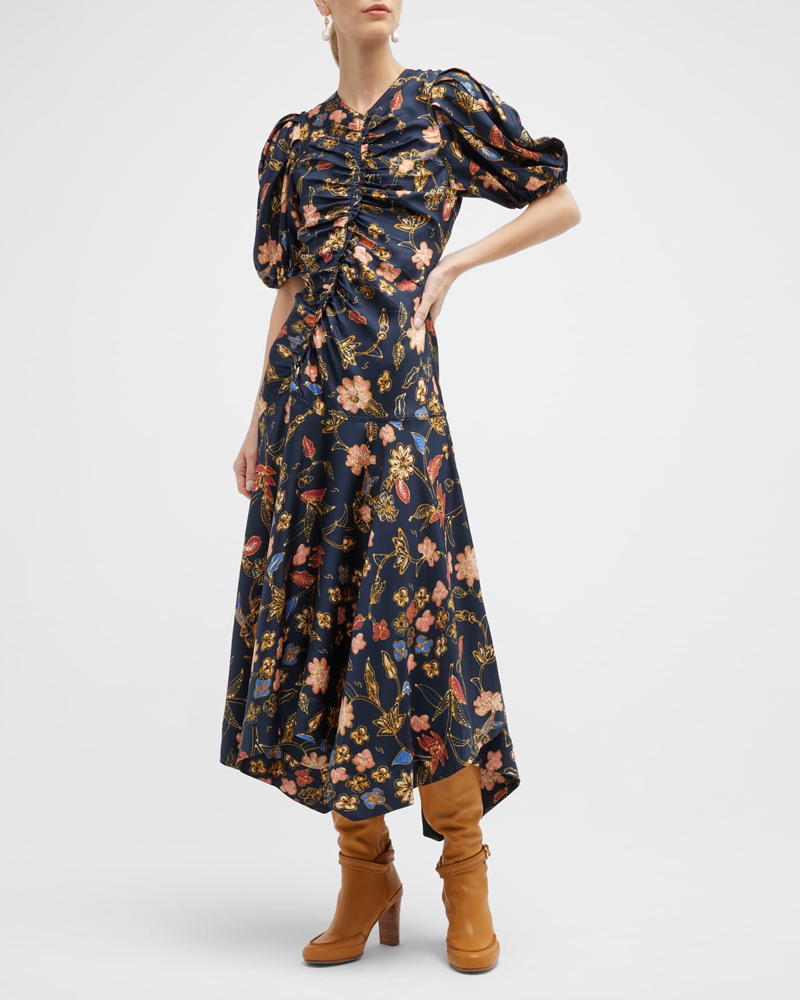 Ulla Johnson Heleen Puff-Sleeve Long Printed Silk Dress | Neiman Marcus