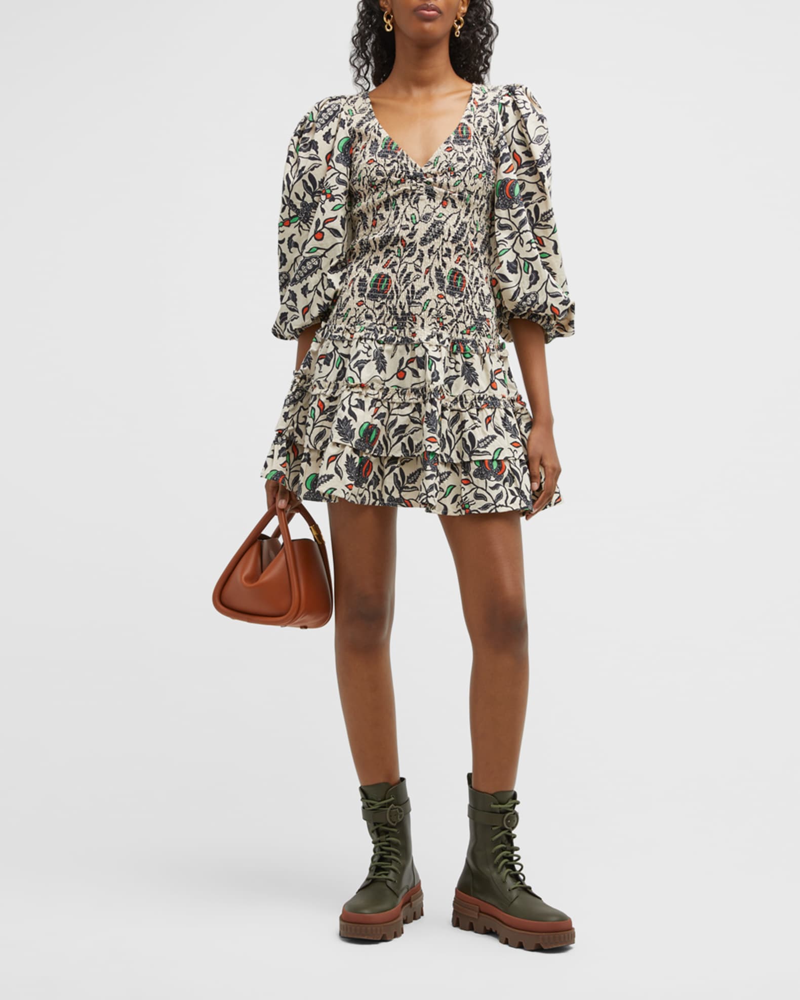 LOVE THE LABEL Audrey Smocked Puff-Sleeve Mini Dress | Neiman ...