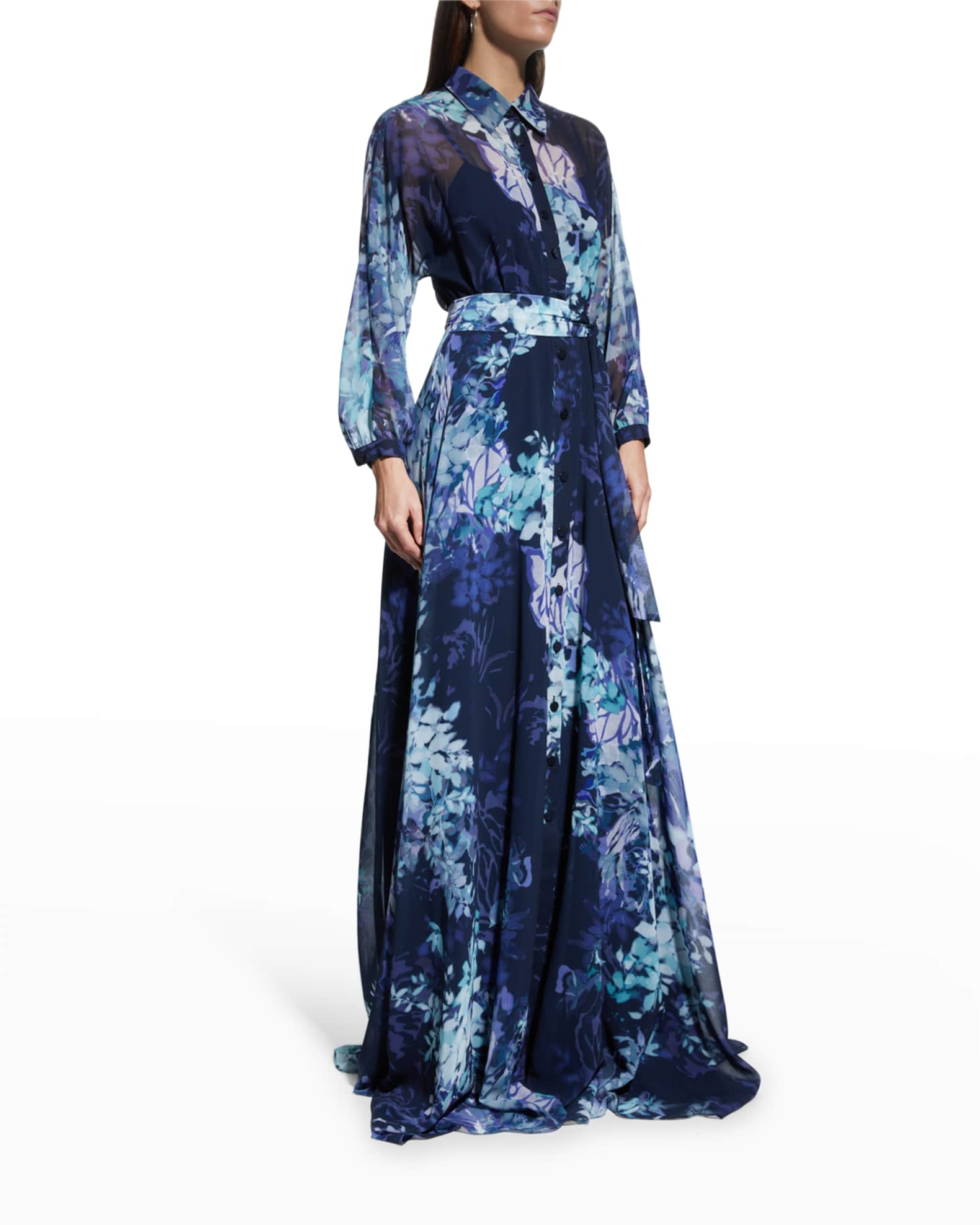 Rickie Freeman for Teri Jon FloralPrint Chiffon Shirtdress Gown Neiman Marcus