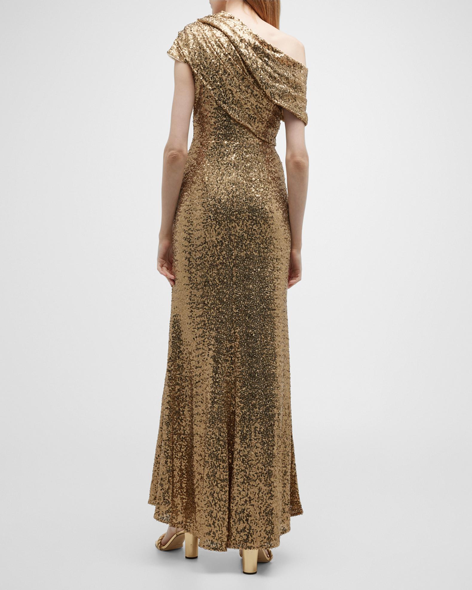 Badgley Mischka Women's Off-the-Shoulder Sequin Gown – Asymmetrical Sleeve Evening Dress - View #5
