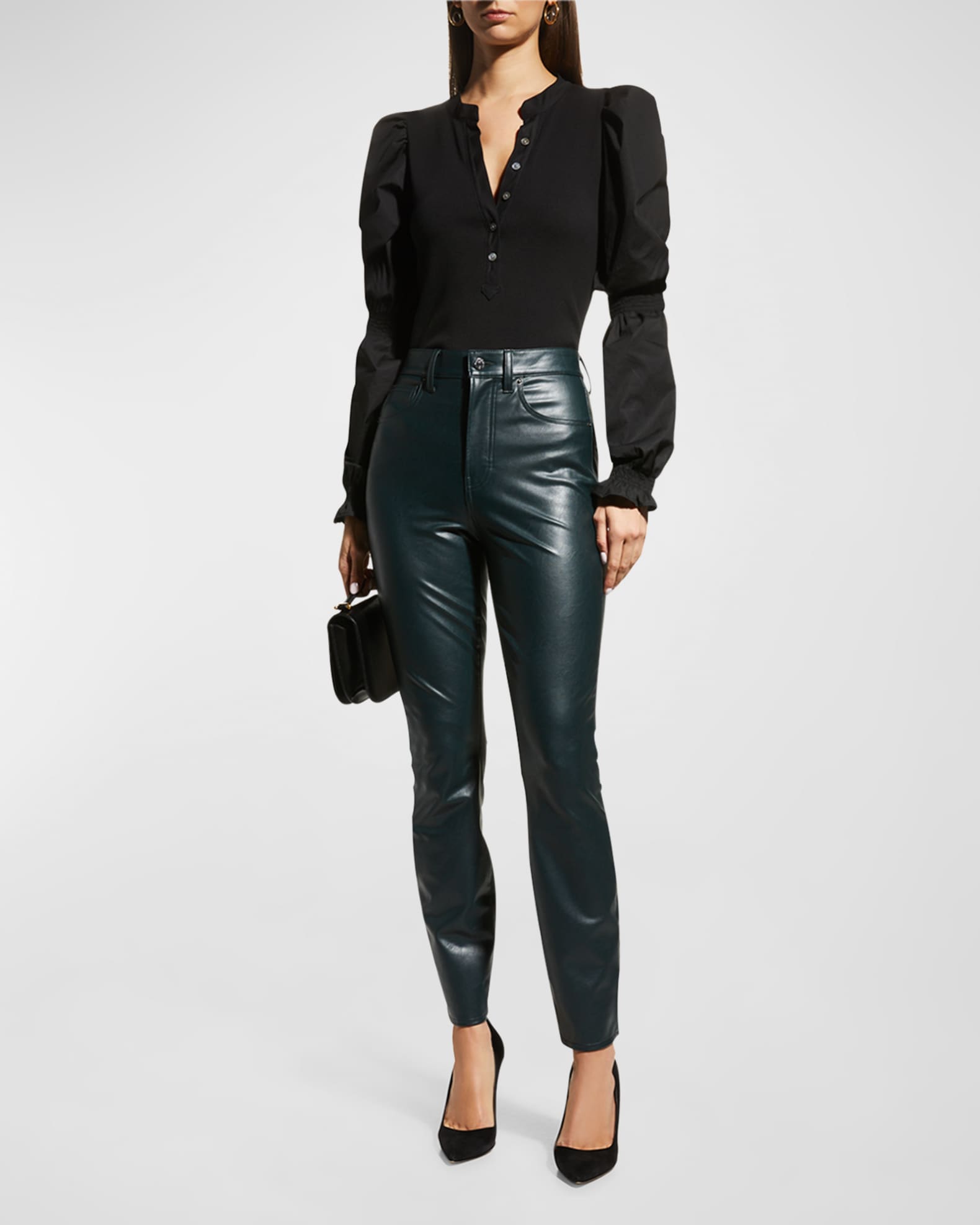 Veronica Beard Jeans Effy Button-Front Cinched Sleeve Top | Neiman Marcus