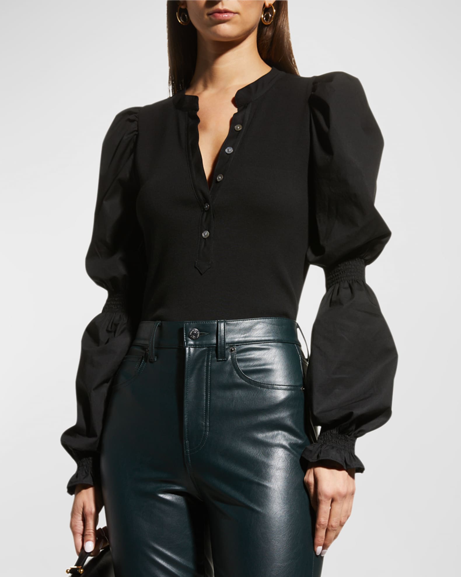 Veronica Beard Effy Button-Front Cinched Sleeve Top | Neiman Marcus
