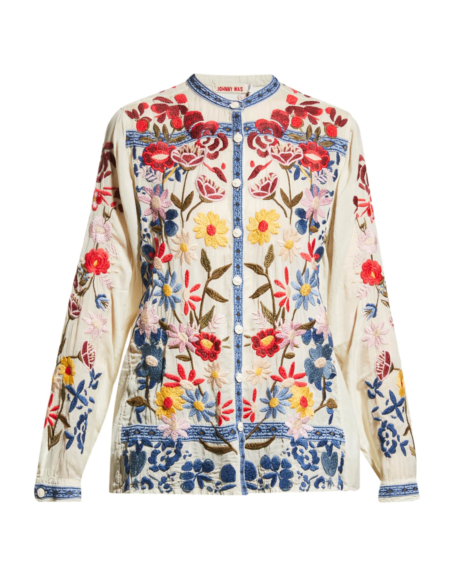 Johnny Was Edie Floral-Embroidered Button-Down Blouse | Neiman Marcus