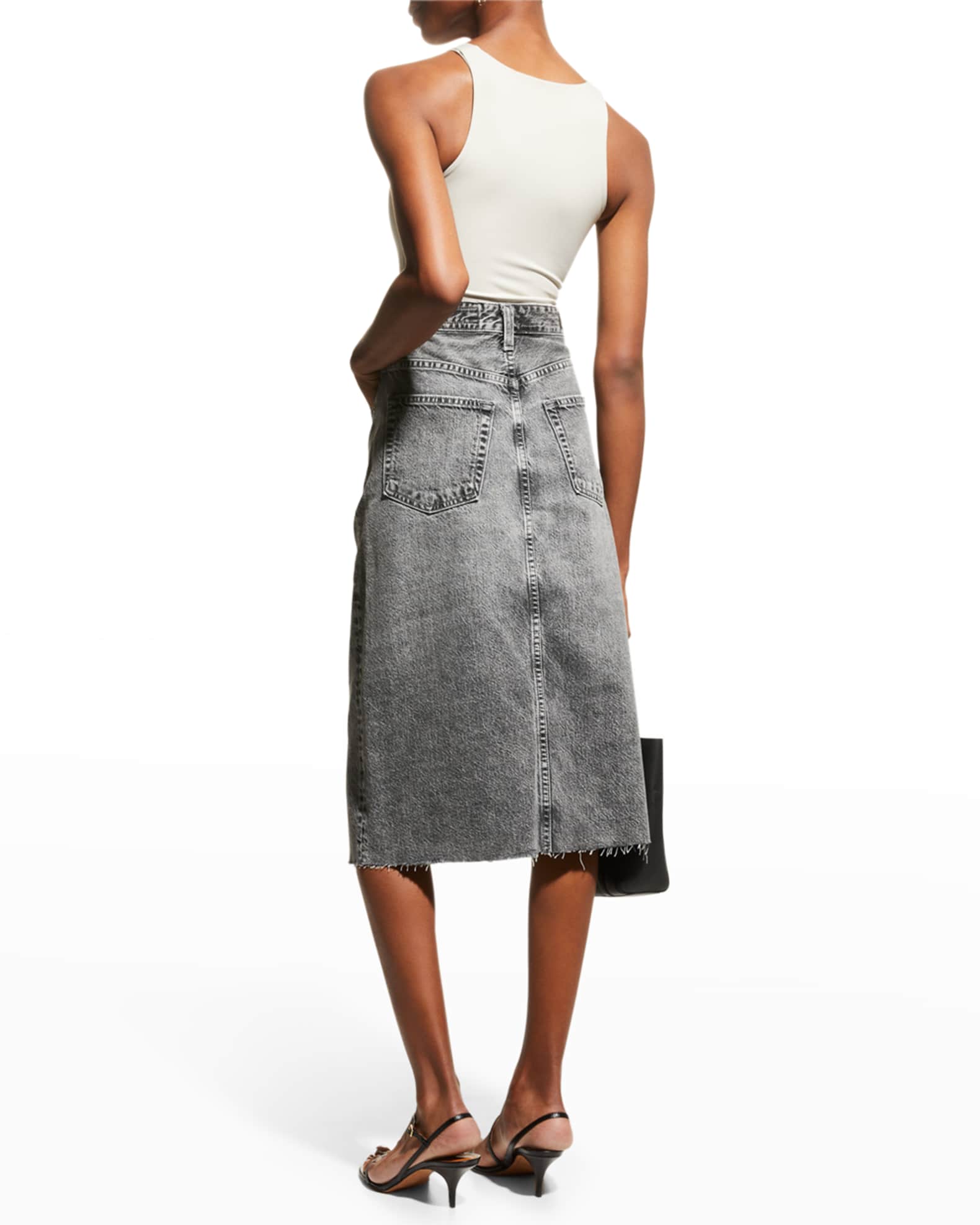 AG Jeans Haruko Distressed Vintage Denim Midi Skirt | Neiman Marcus