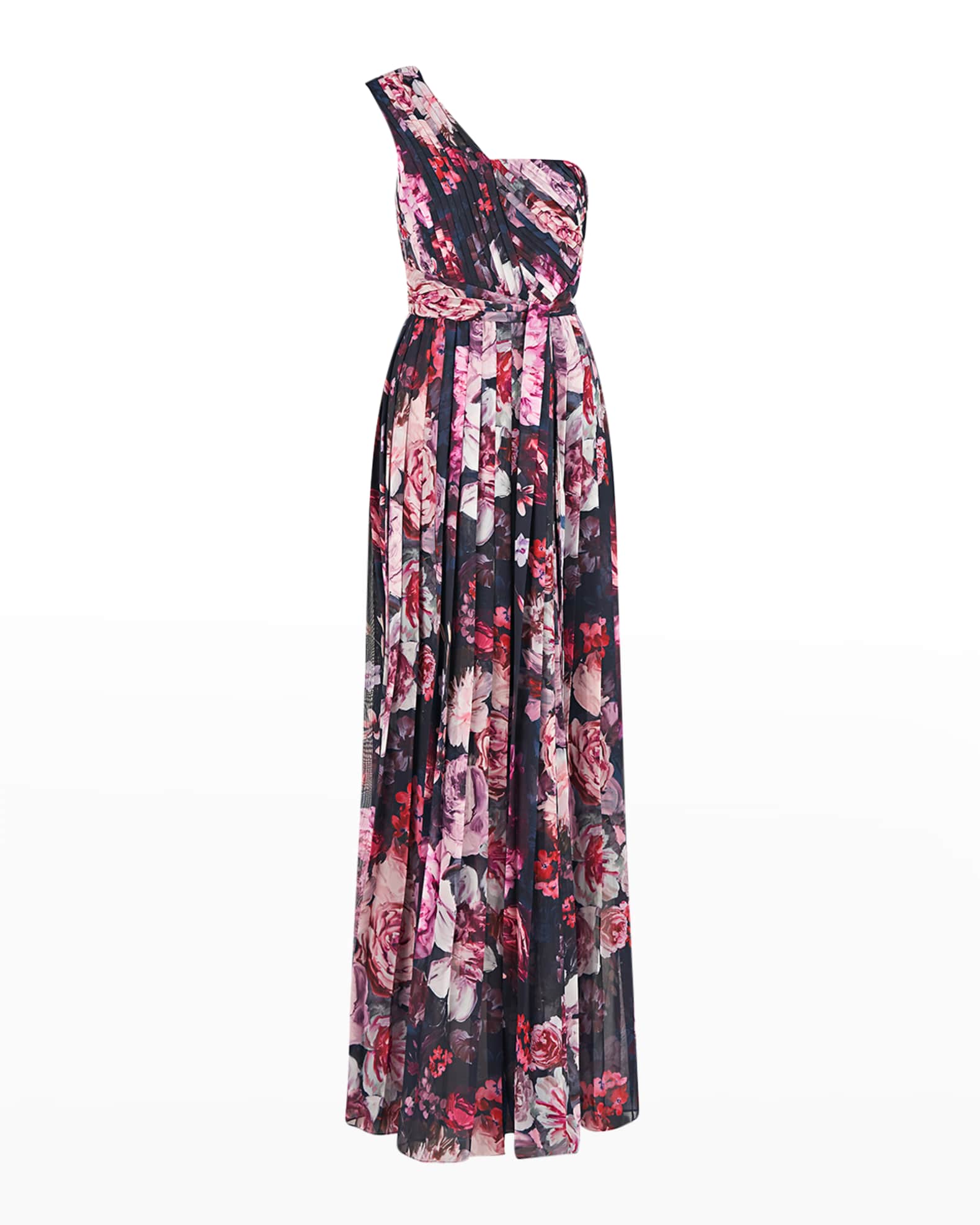 Kay Unger New York Pleated Floral-Print Walk-Thru Jumpsuit | Neiman Marcus