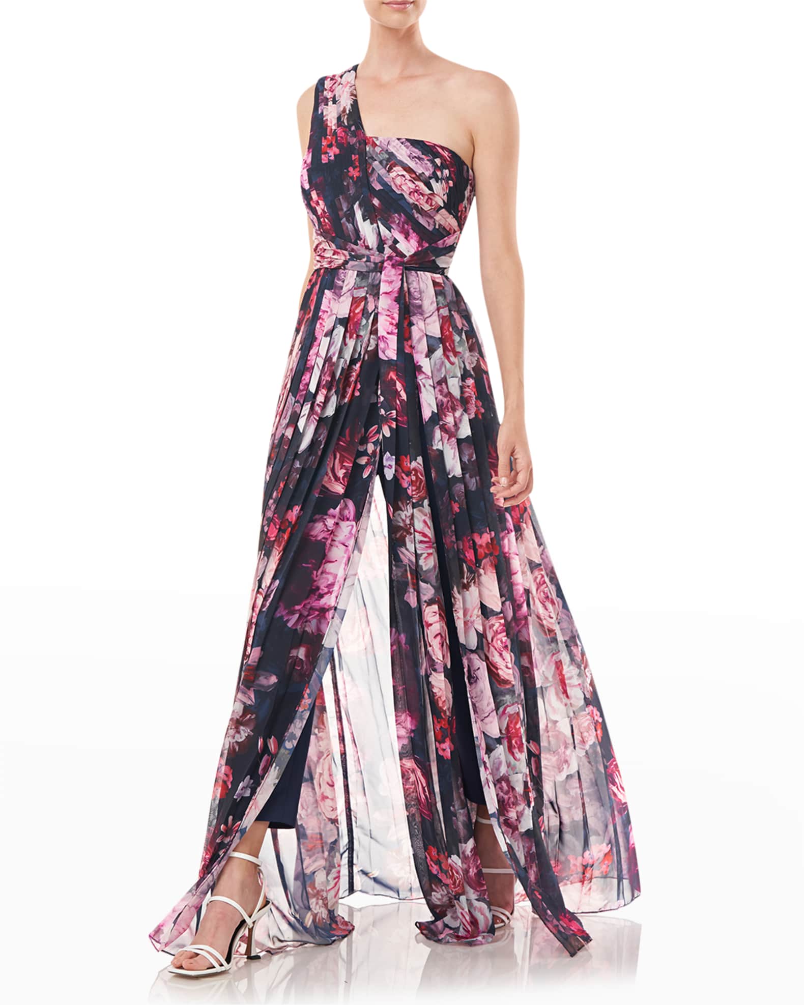 Kay Unger New York Pleated Floral-Print Walk-Thru Jumpsuit | Neiman Marcus