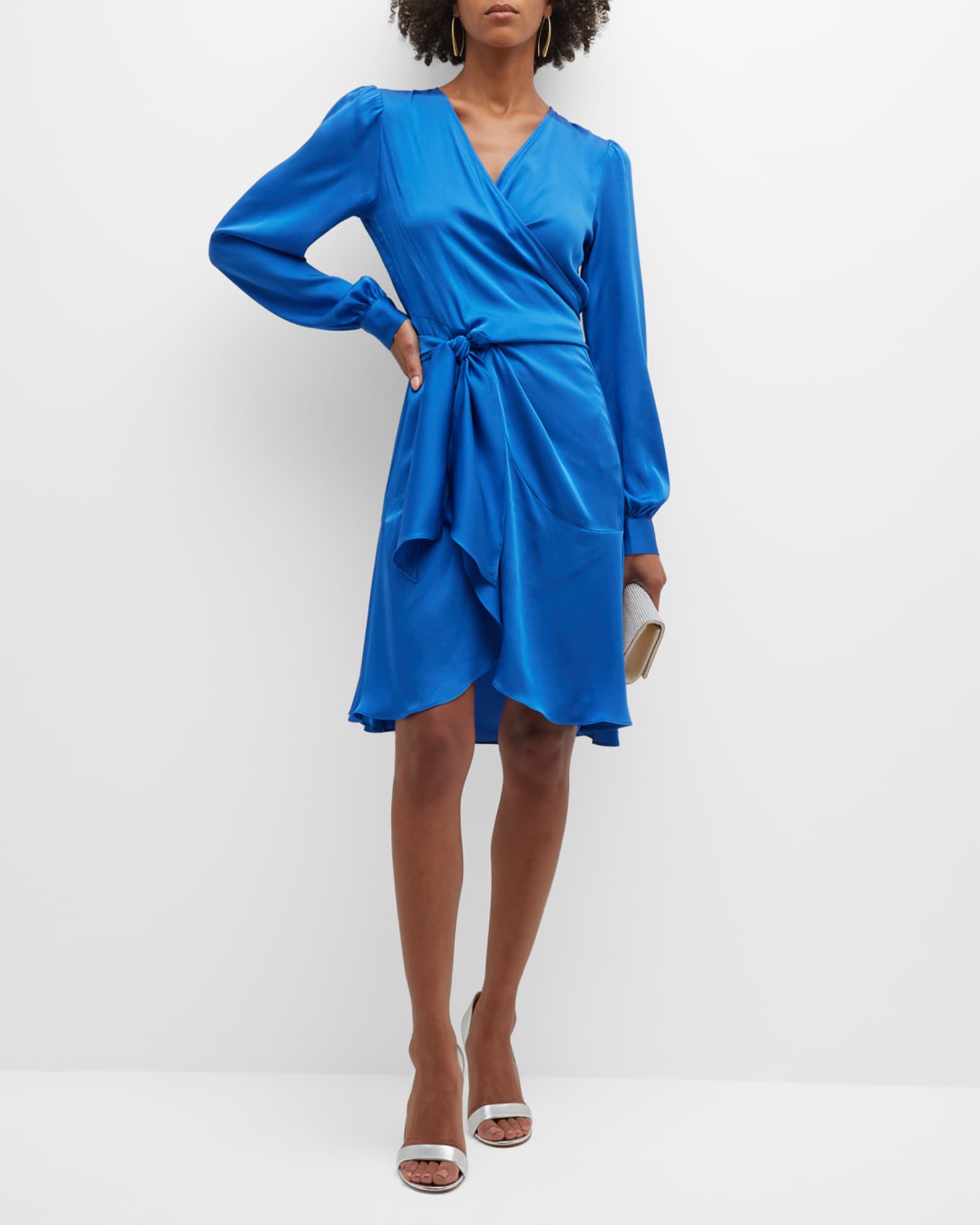 NOUVELLE SILK95FIVE Ananda Blouson-Sleeve Silk Wrap Dress | Neiman Marcus