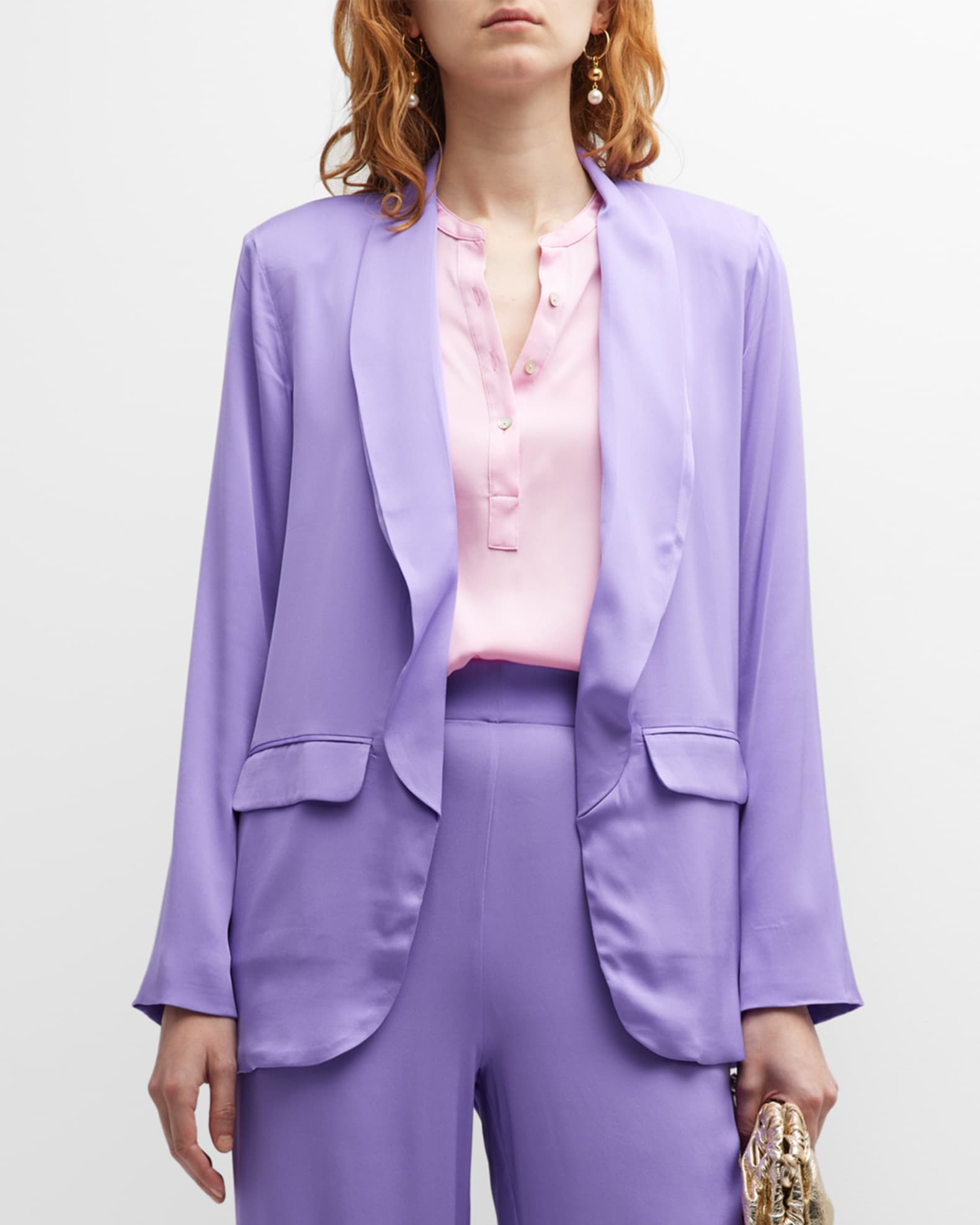 Silky collarless three piece embellished skirt suit