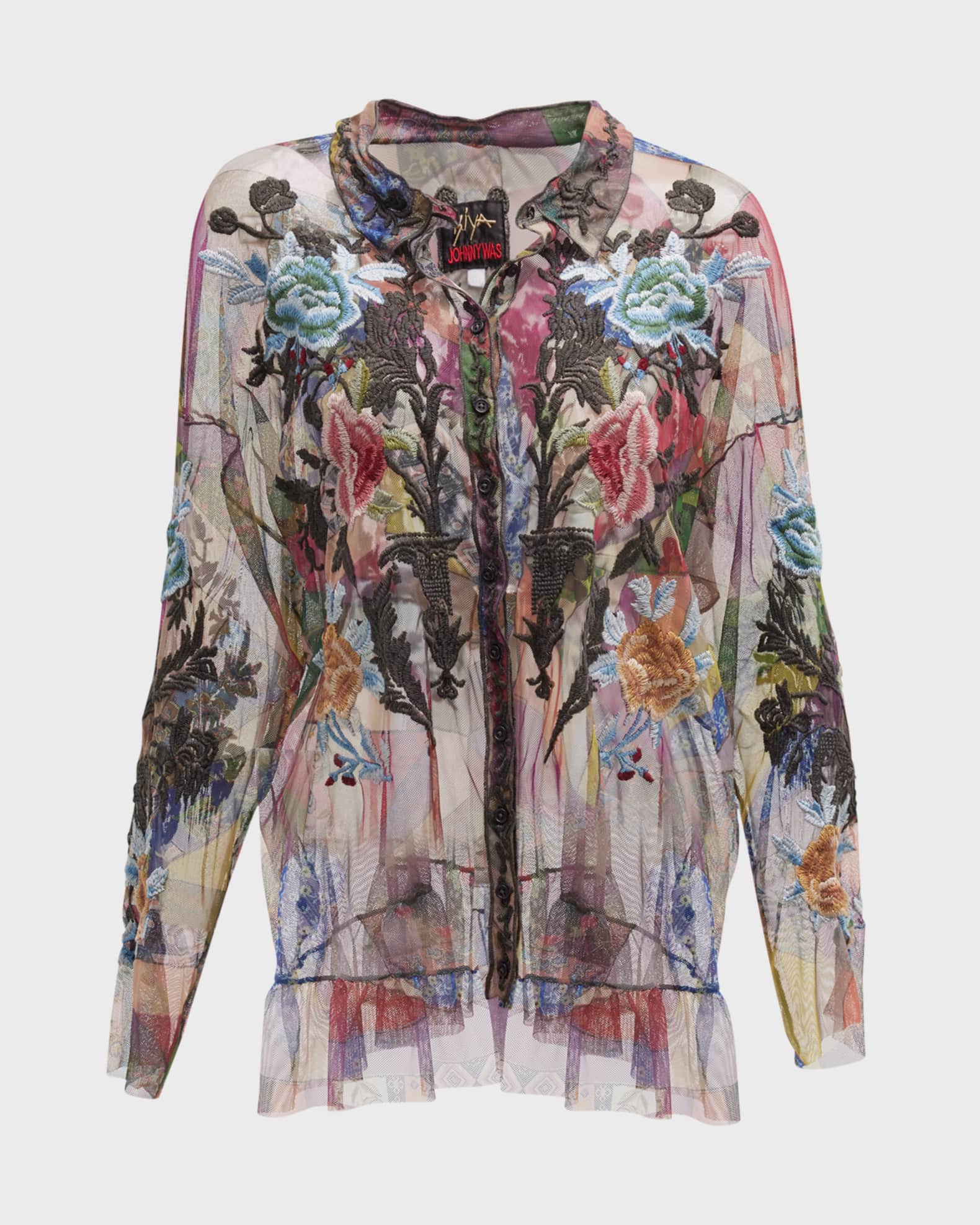Johnny Was Zell Plus Size Embroidered Mesh Blouse Neiman Marcus