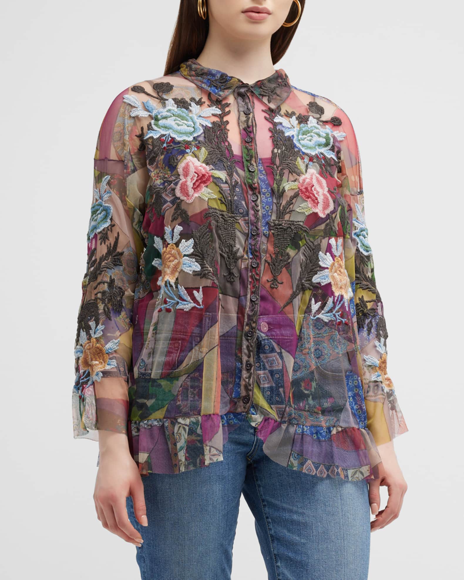 Johnny Was Zell Plus Size Embroidered Mesh Blouse | Neiman Marcus