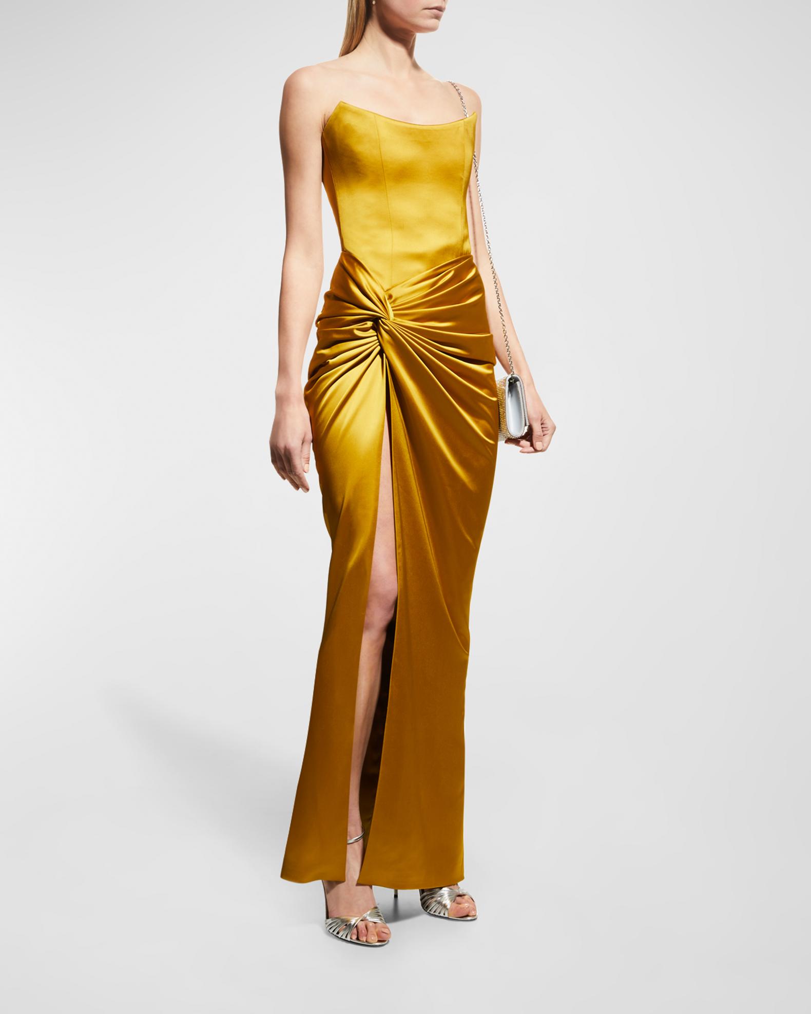 Grecian gathered satin corset gown with deep cut pleated bust cups