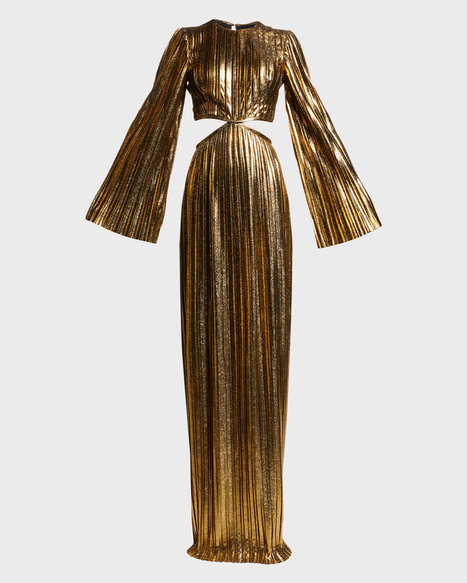 Rasario Cutout Metallic Pleated Long-Sleeve Gown | Neiman Marcus