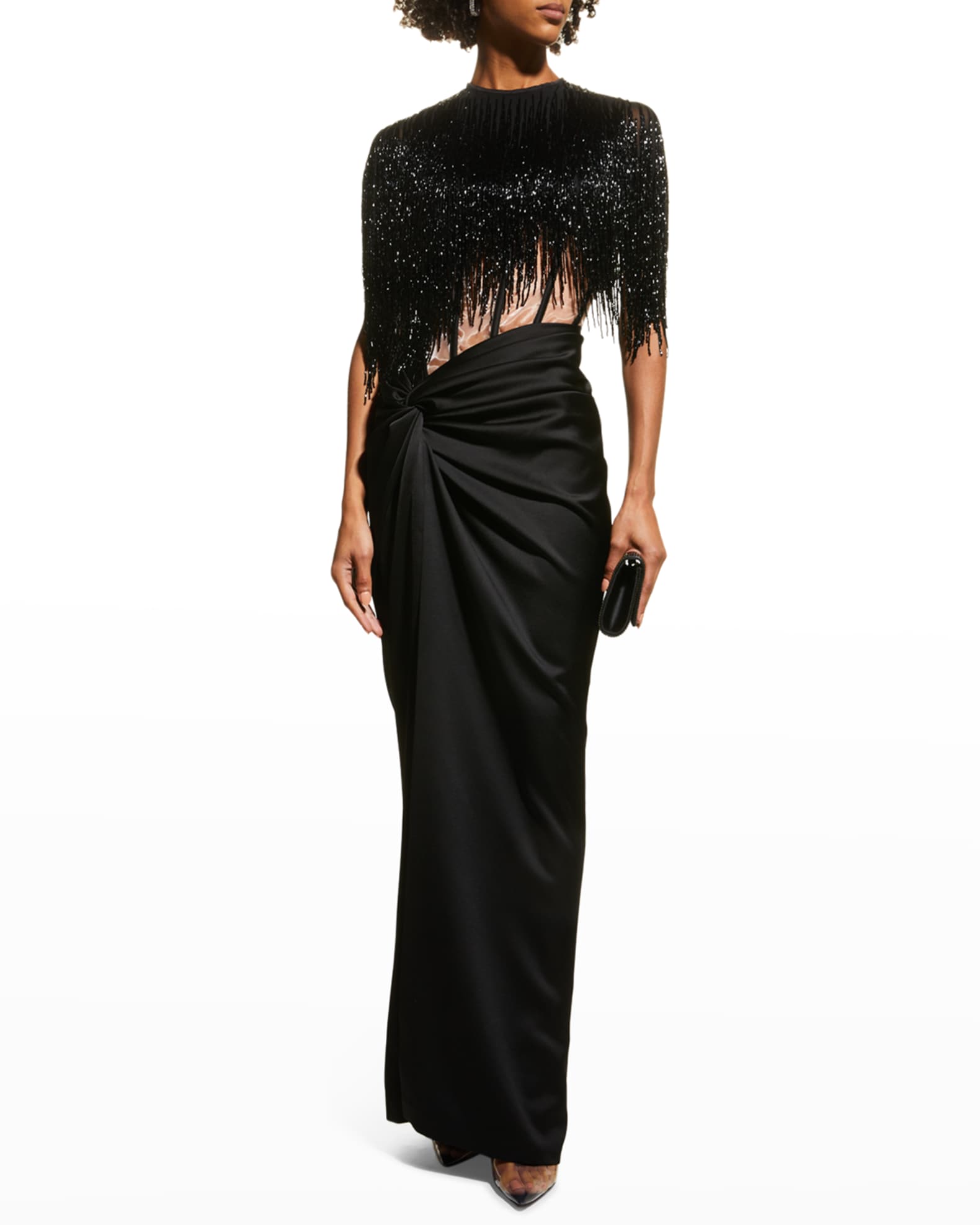 Rasario Beaded-Fringe Sheer-Corset Draped Satin Gown | Neiman Marcus