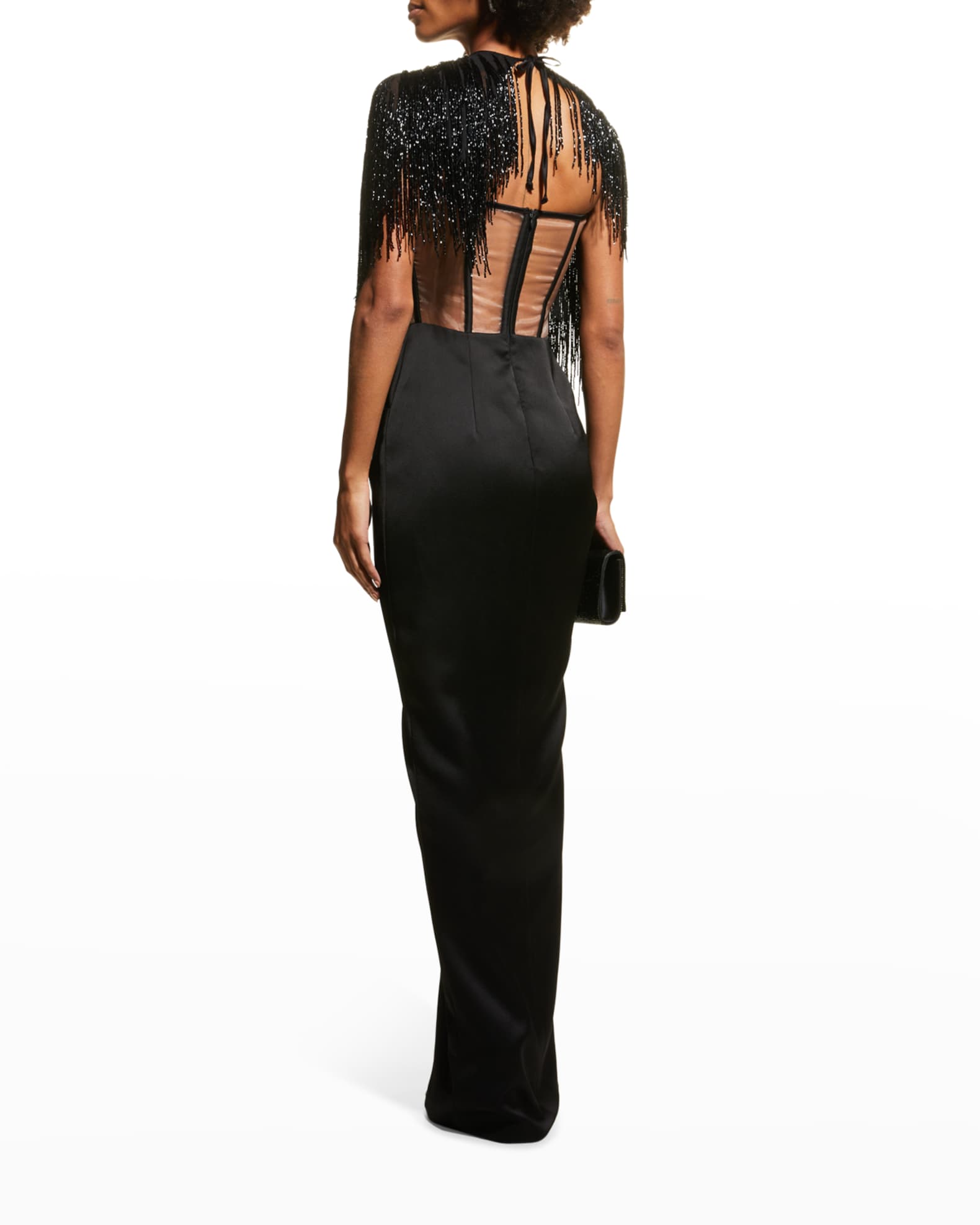 Rasario Beaded-Fringe Sheer-Corset Draped Satin Gown | Neiman Marcus