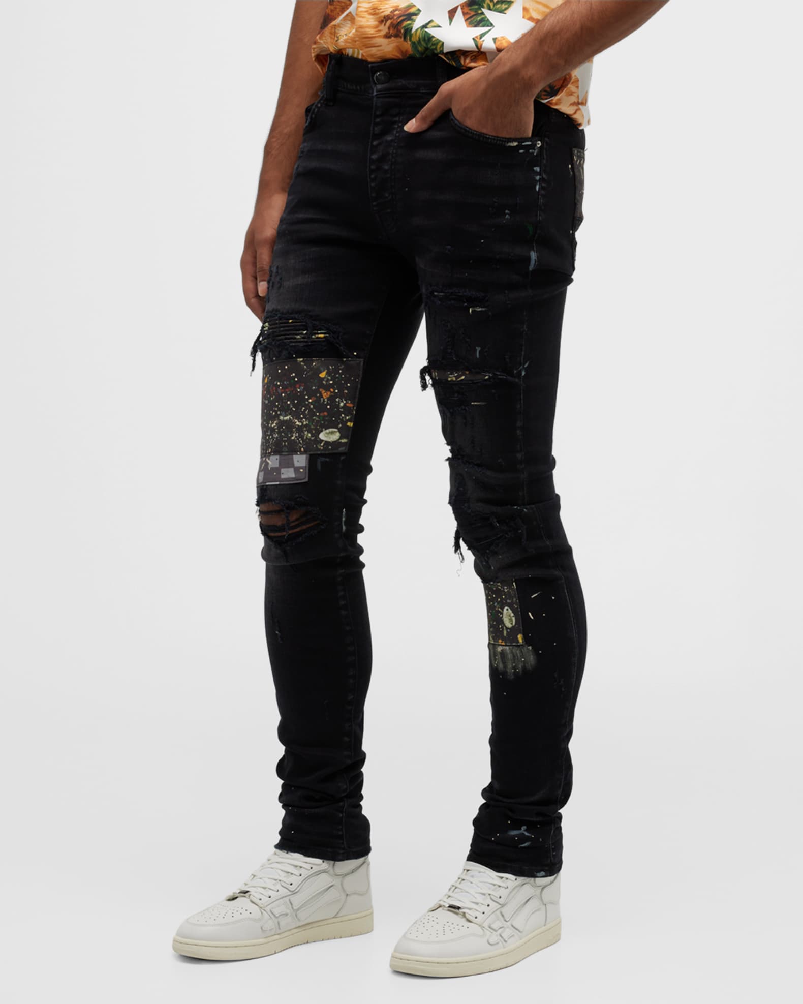 Amiri Men's Paint Splatter Skinny Jeans w/ Check Insert Neiman Marcus