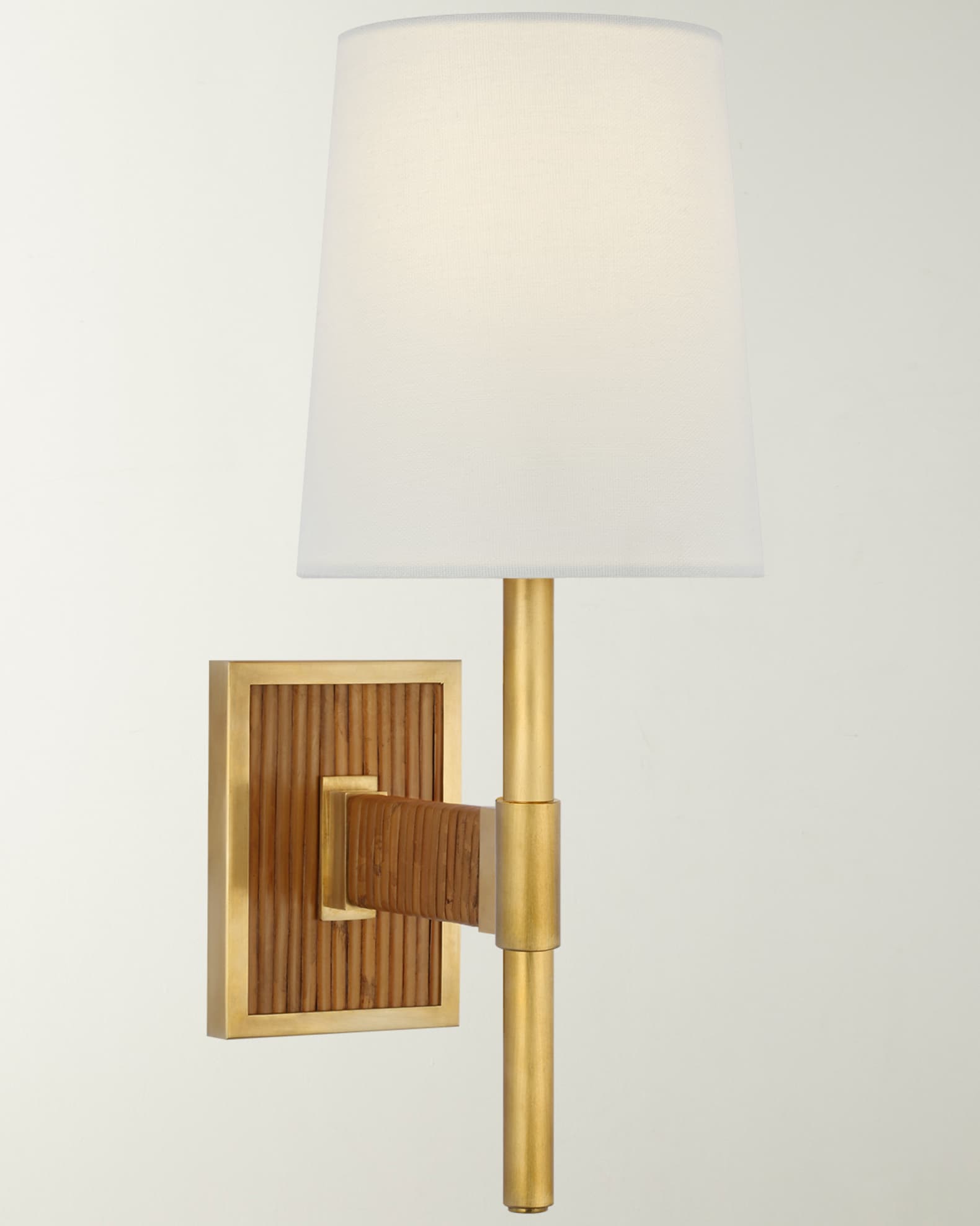 Elle Small Single Sconce In Hand Rubbed Antique Brass And Dark Rattan With Linen Shade By Suzanne Kasler