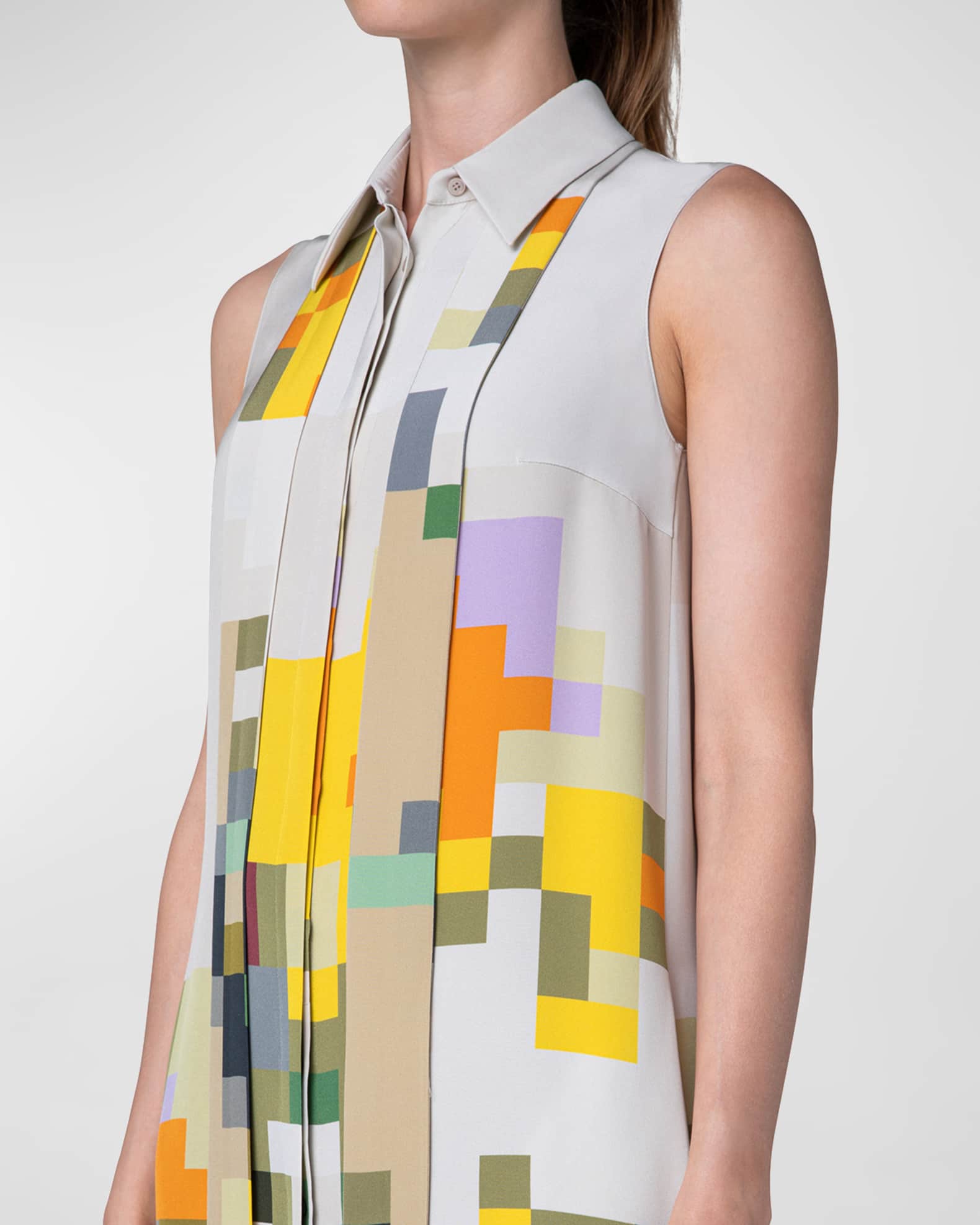 Akris Pixel Flower-Print Neck-Tie Crepe Midi Shirtdress | Neiman Marcus
