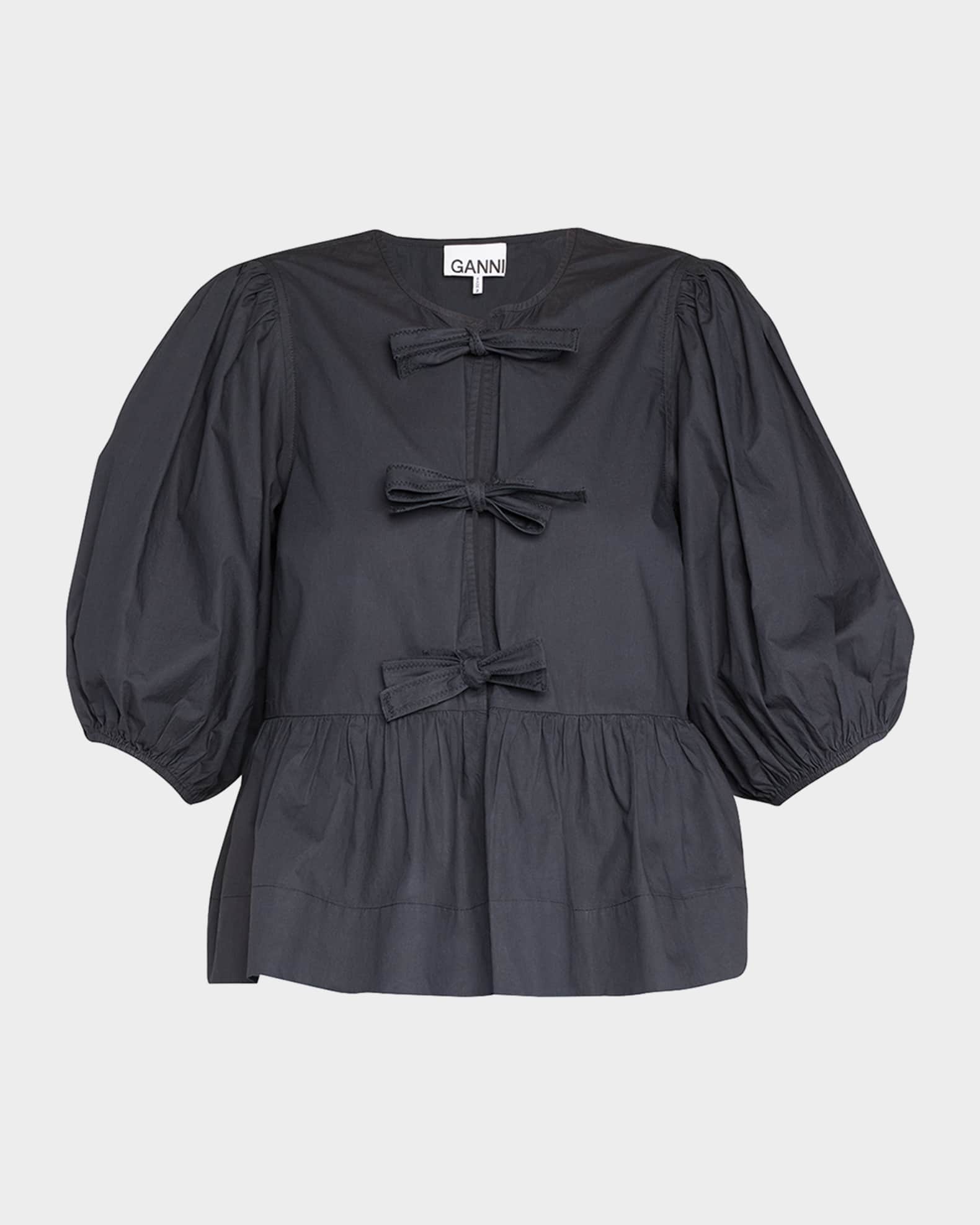 Poplin Front-Tie Peplum Blouse with Puffed-Sleeves 0