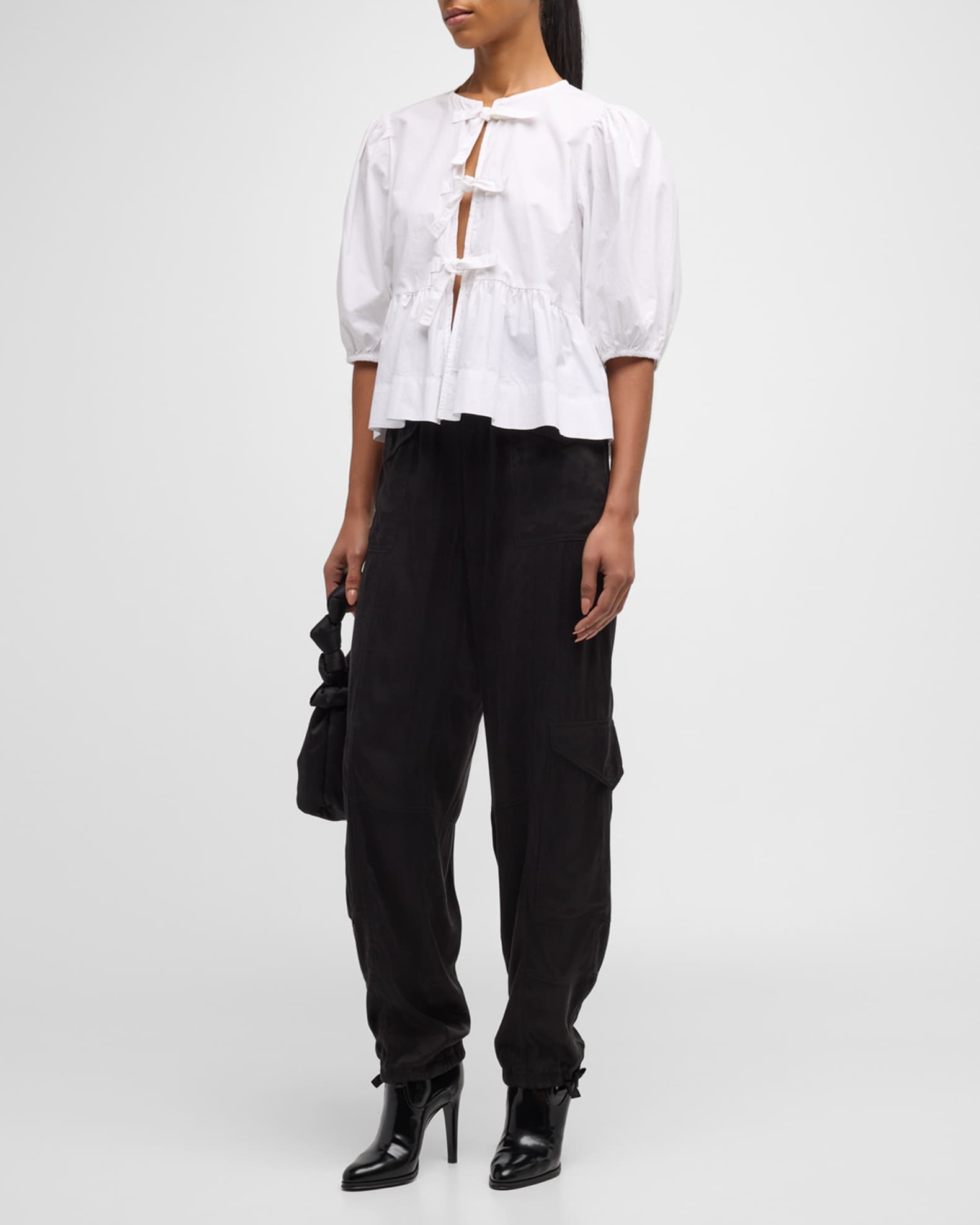 Poplin Front-Tie Peplum Blouse with Puffed-Sleeves 1