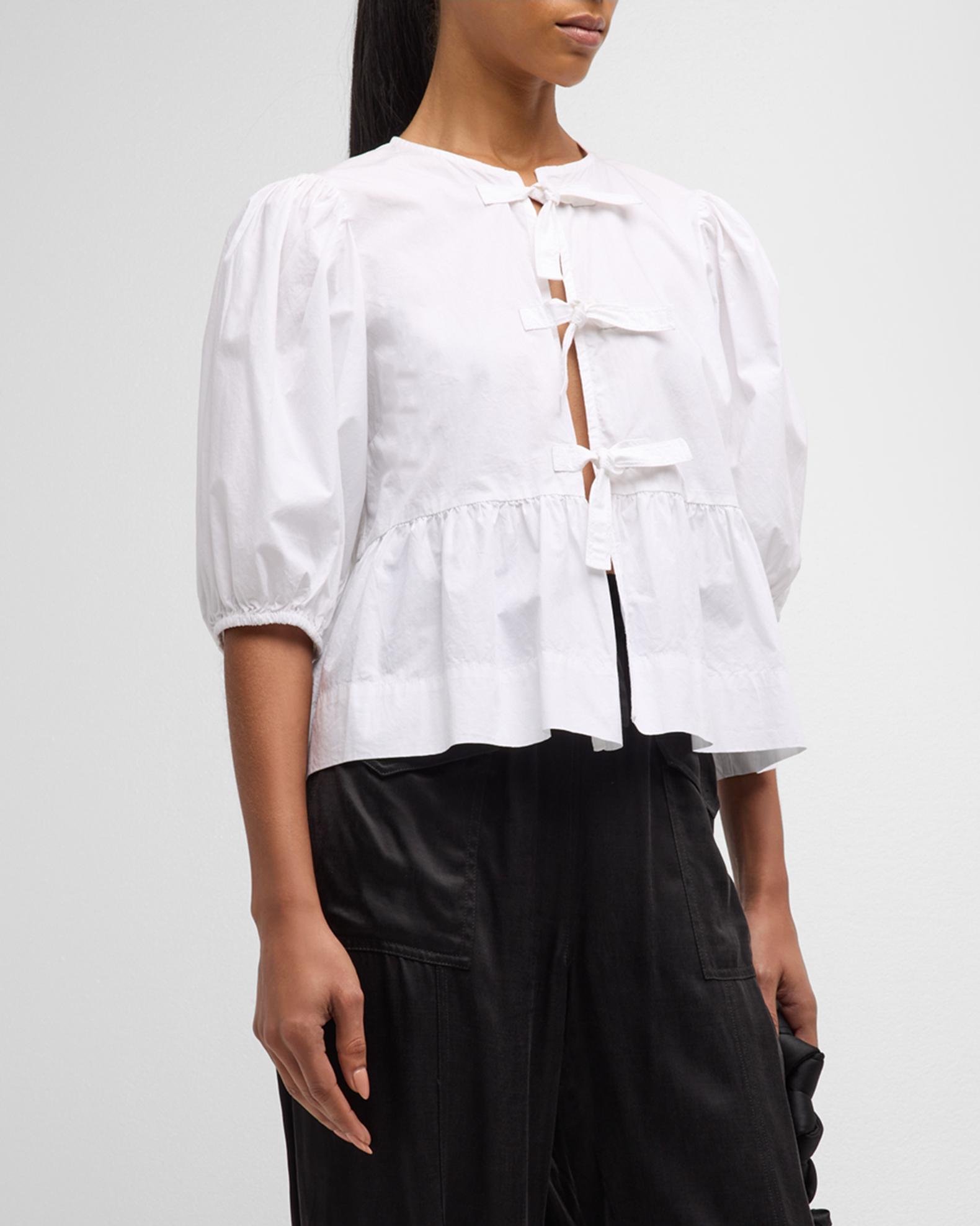 Ganni Poplin Front-Tie Peplum Blouse with Puffed-Sleeves | Neiman