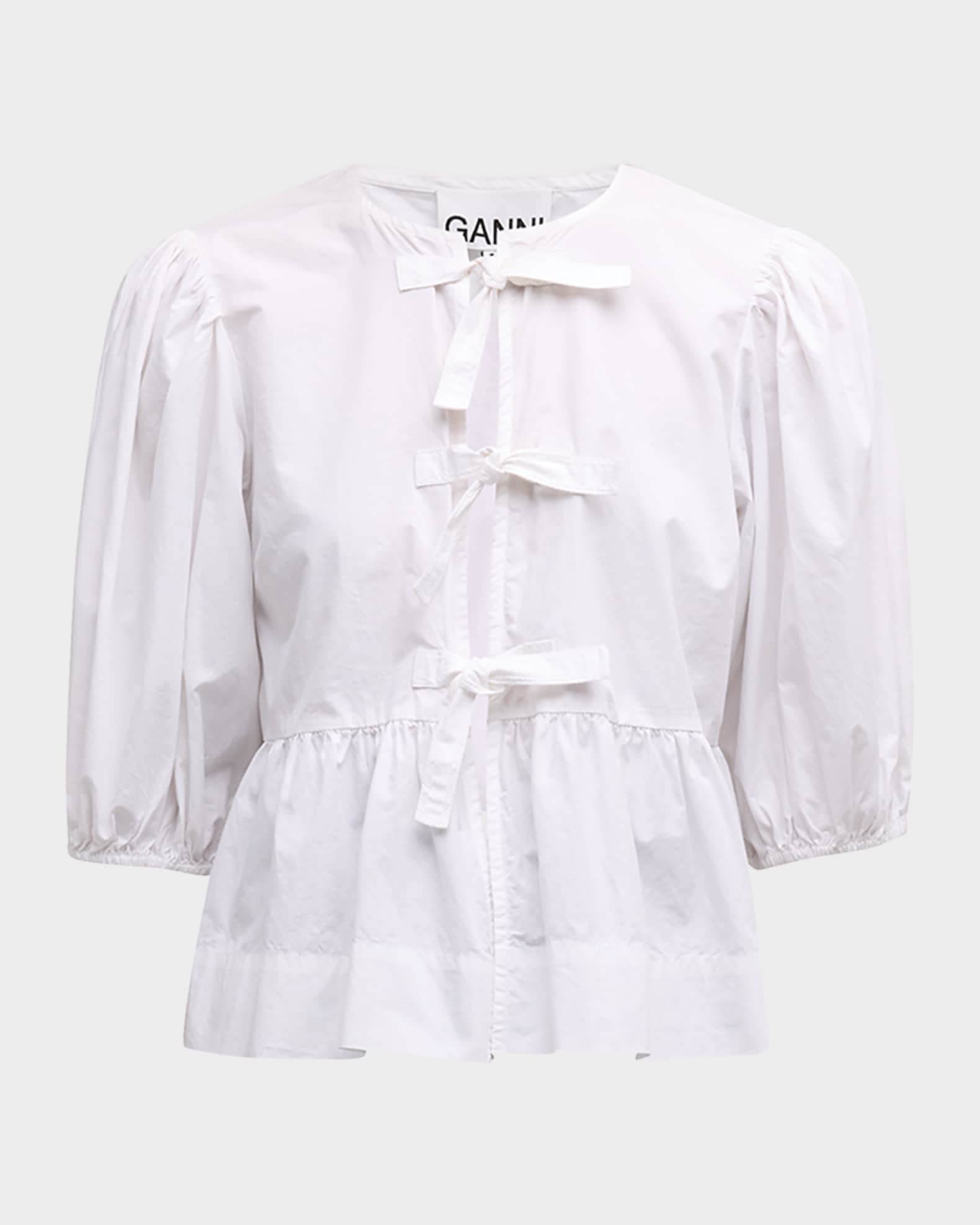 Poplin Front-Tie Peplum Blouse with Puffed-Sleeves 0