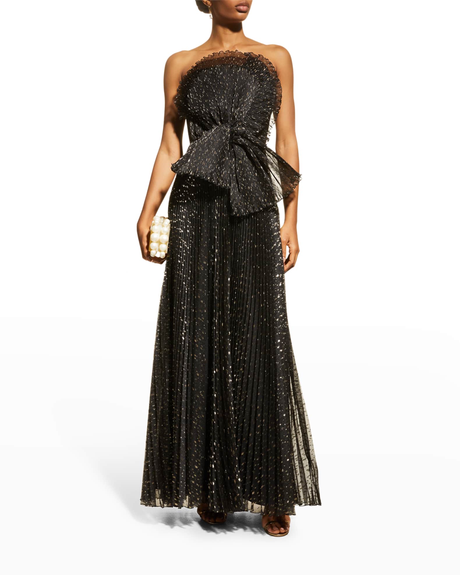 Alberta Ferretti Spiral Bow Metallic Plisse Strapless Bustier Gown ...
