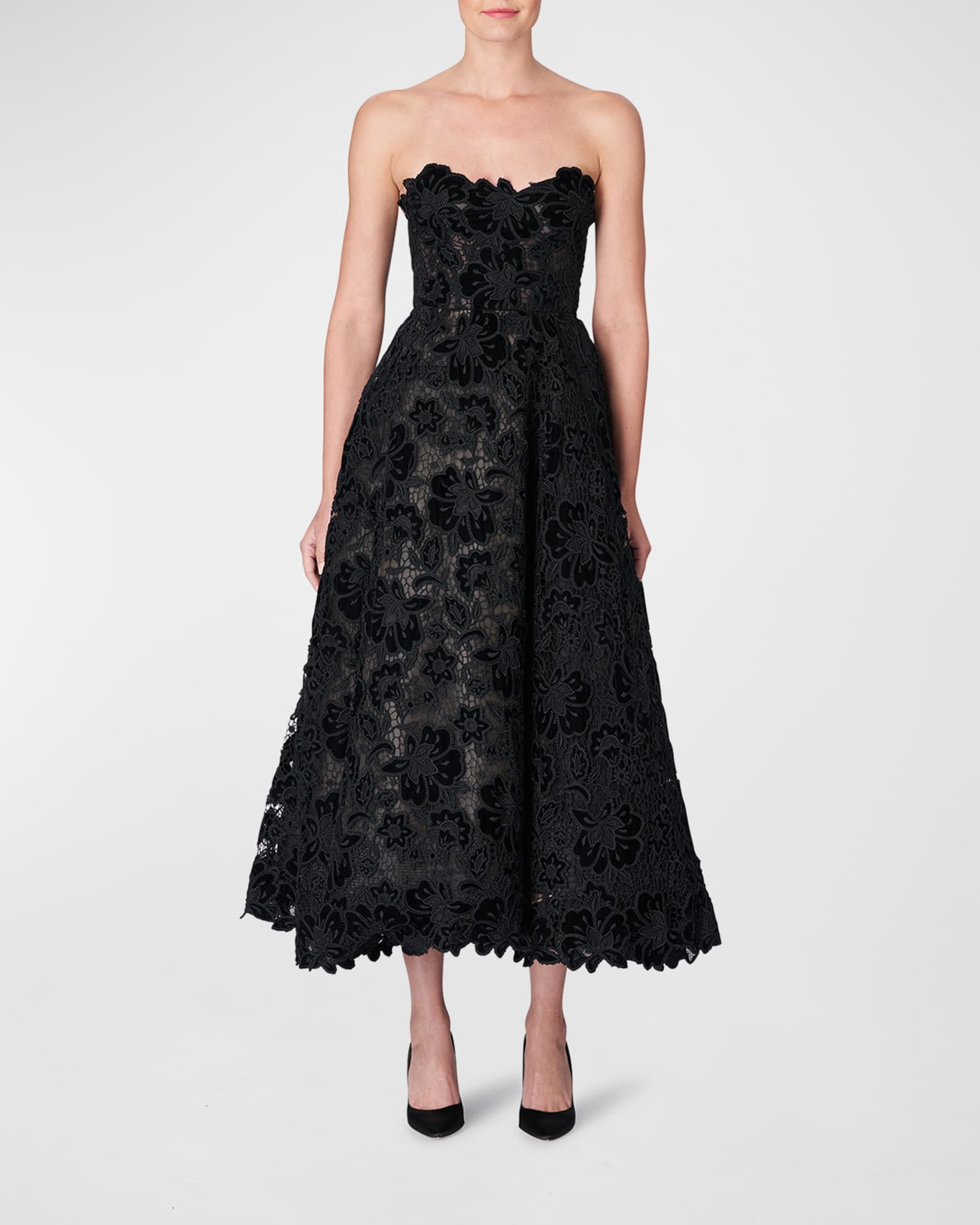 Carolina Herrera Floral Lace Strapless Midi Gown | Neiman Marcus
